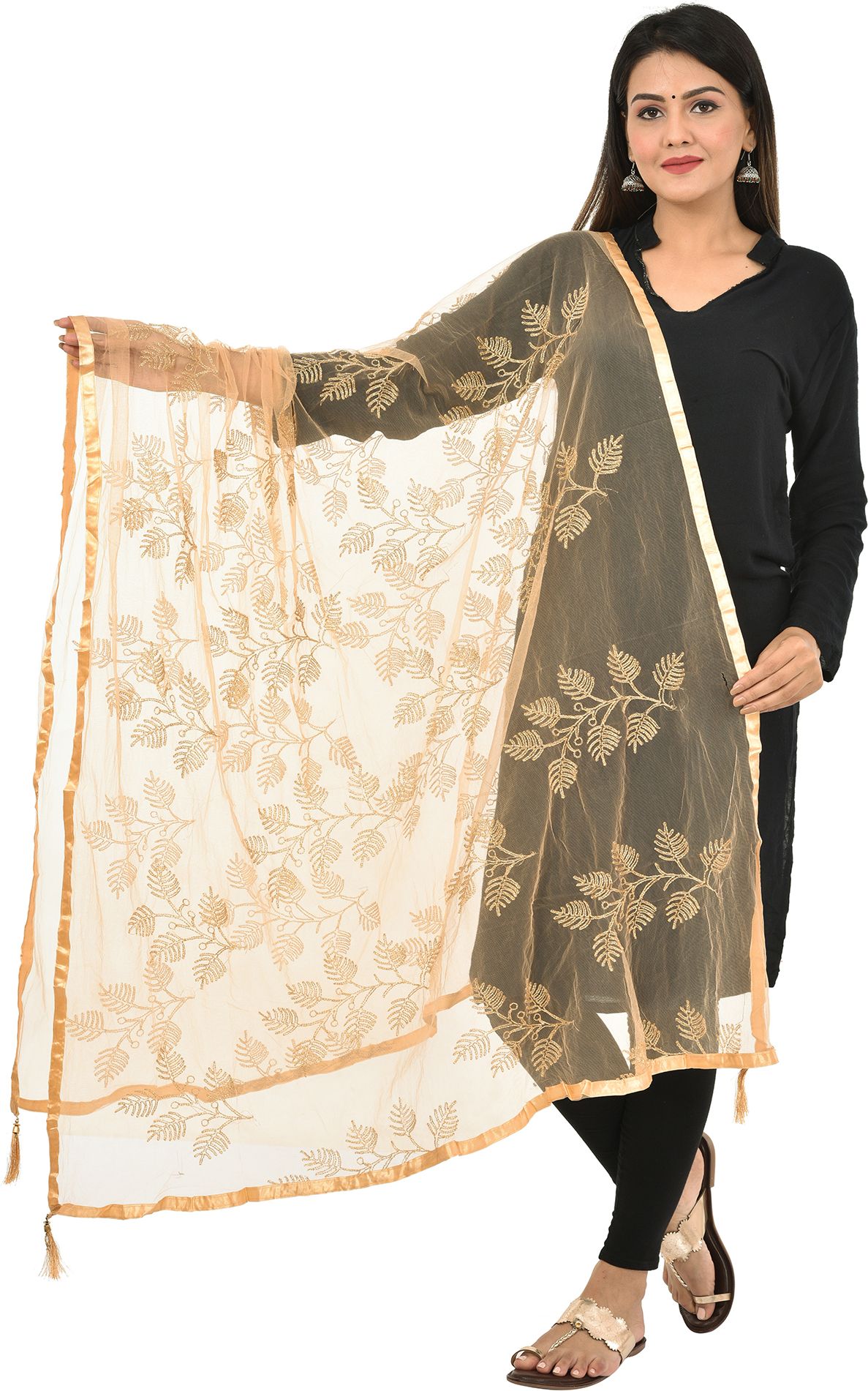 whiteheaven Net Embroidered Gold Women Dupatta-picture-49