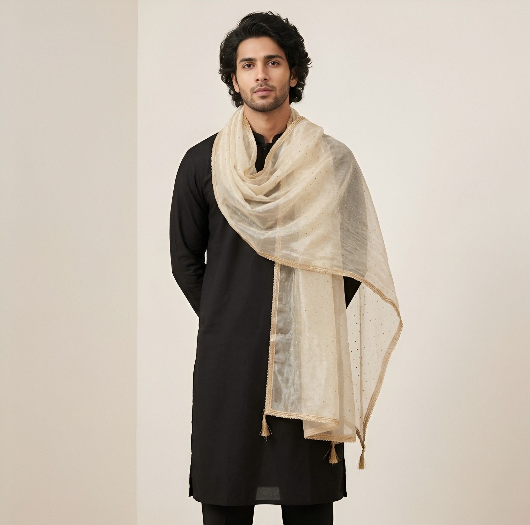 Net Self Design White Men Dupatta-image-29