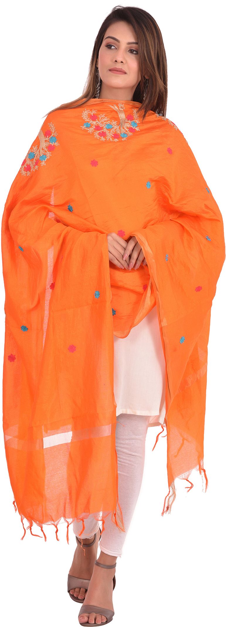 whiteheaven Silk Blend Embroidered Orange Women Dupatta-picture-7