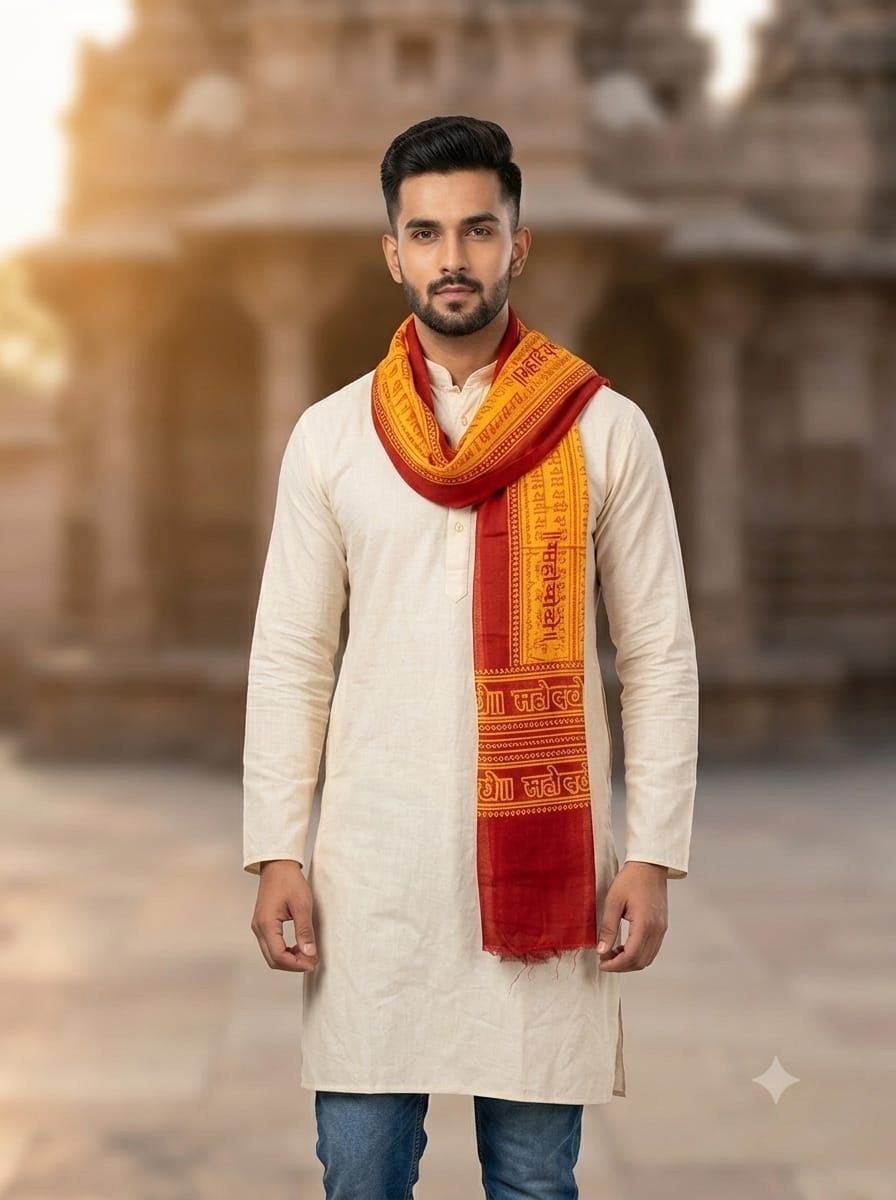 Pure Cotton Printed, Graphic Print, Solid Yellow, Red Men Dupatta-image-40