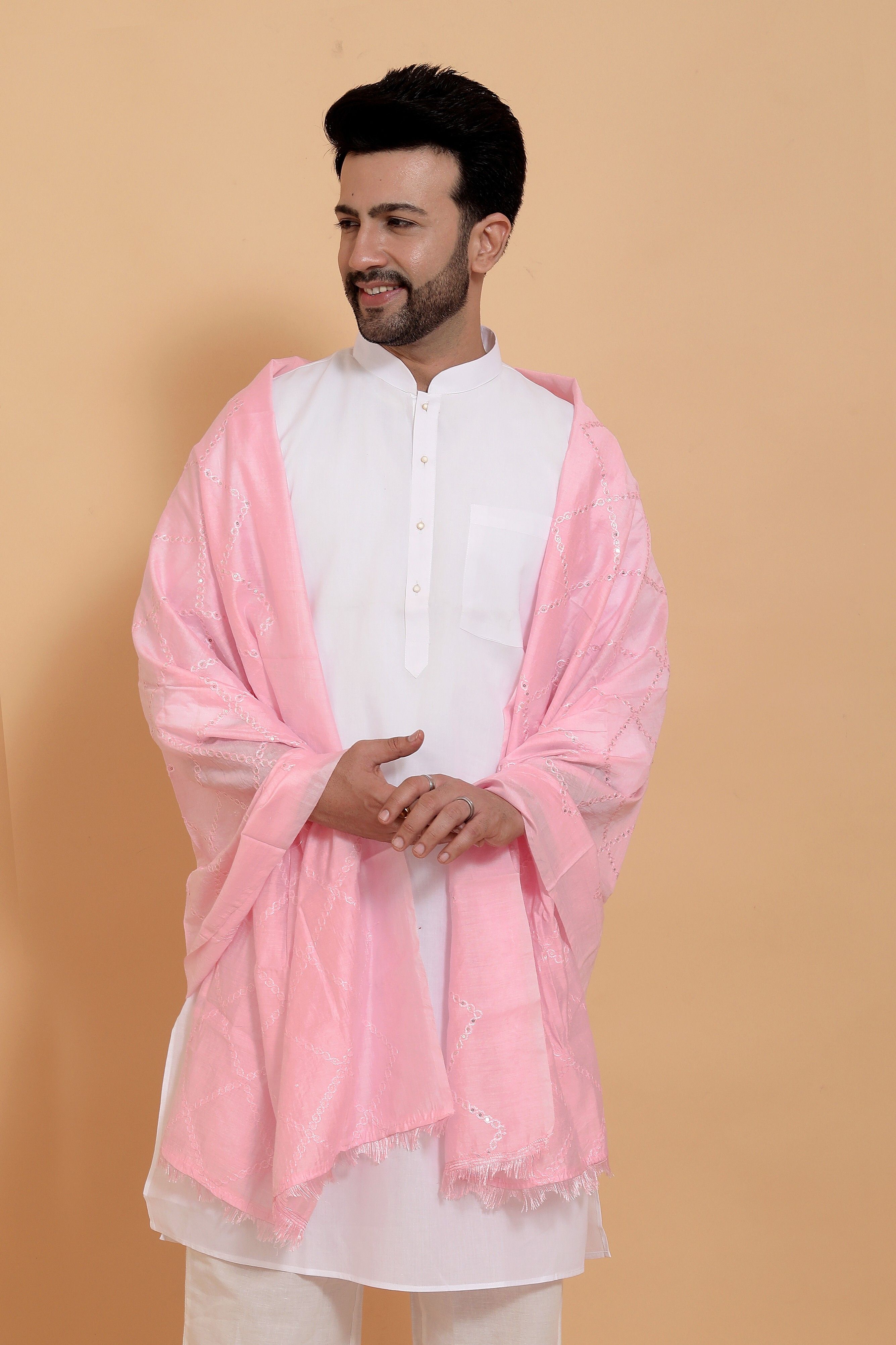 houseofcommon Poly Chanderi Self Design Pink Men Dupatta-picture-35
