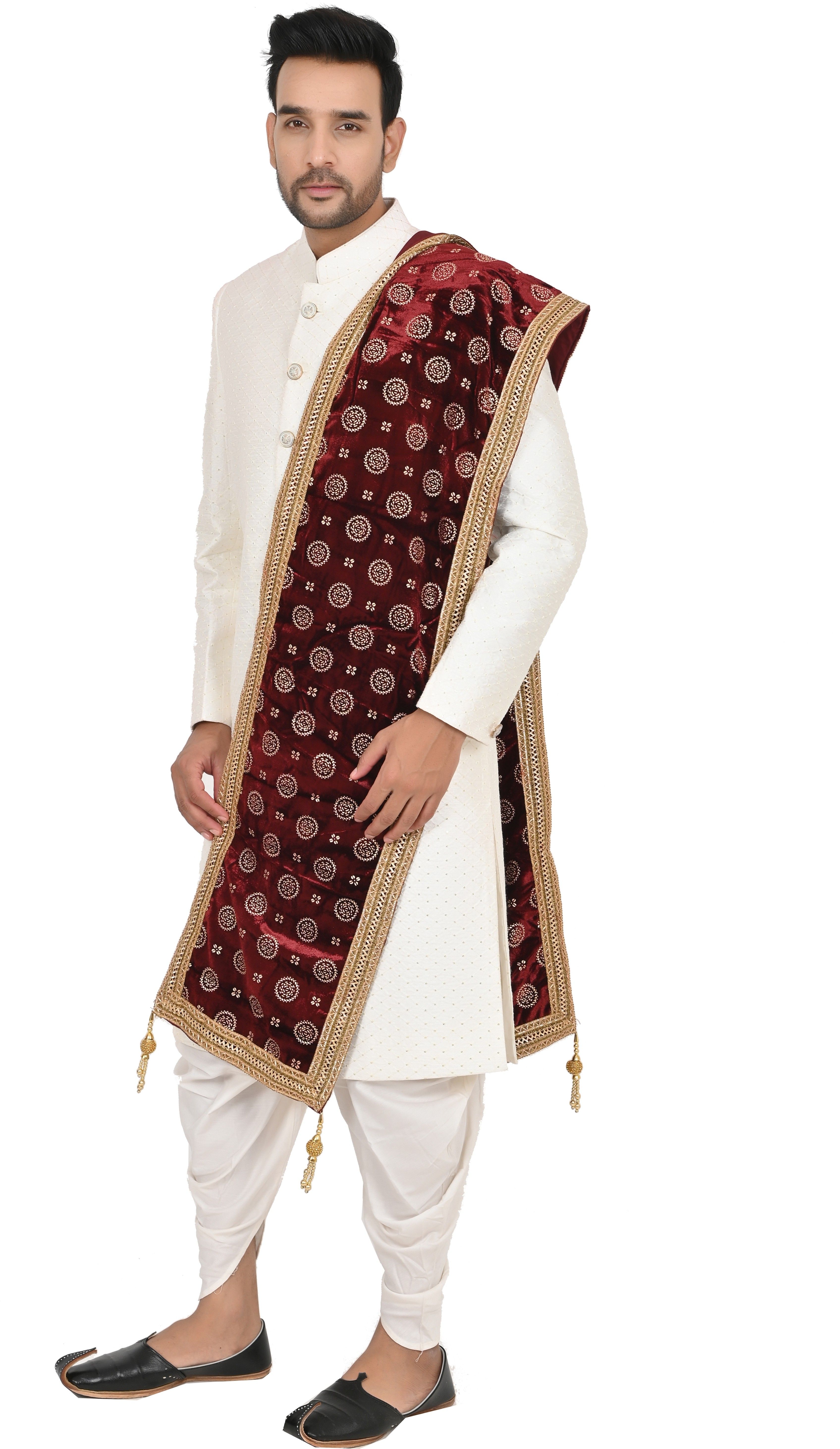 sneh Velvet Polka Print, Embroidered Maroon Men Dupatta-picture-21