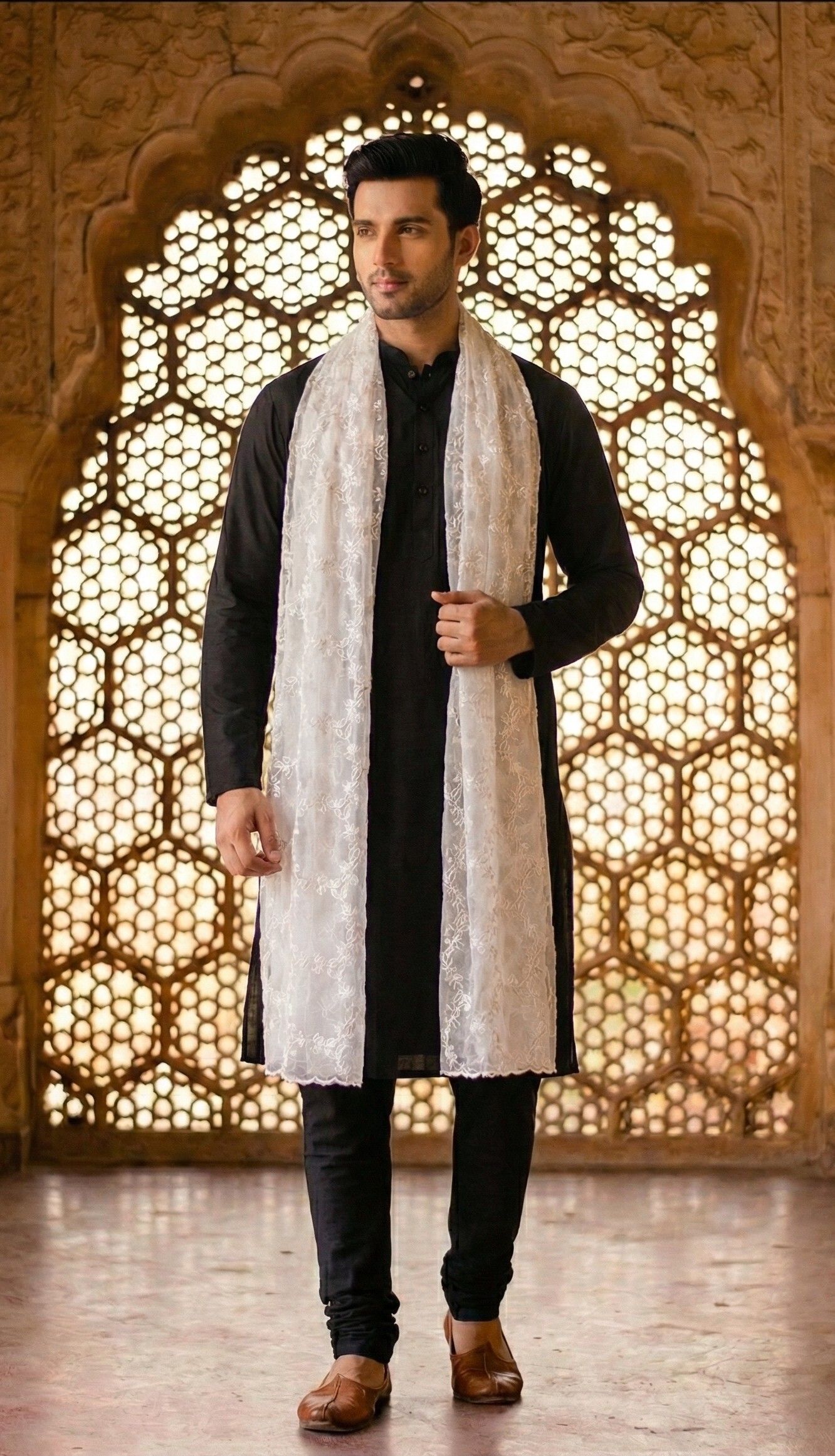 zamour Net Embroidered White Men Dupatta-picture-44