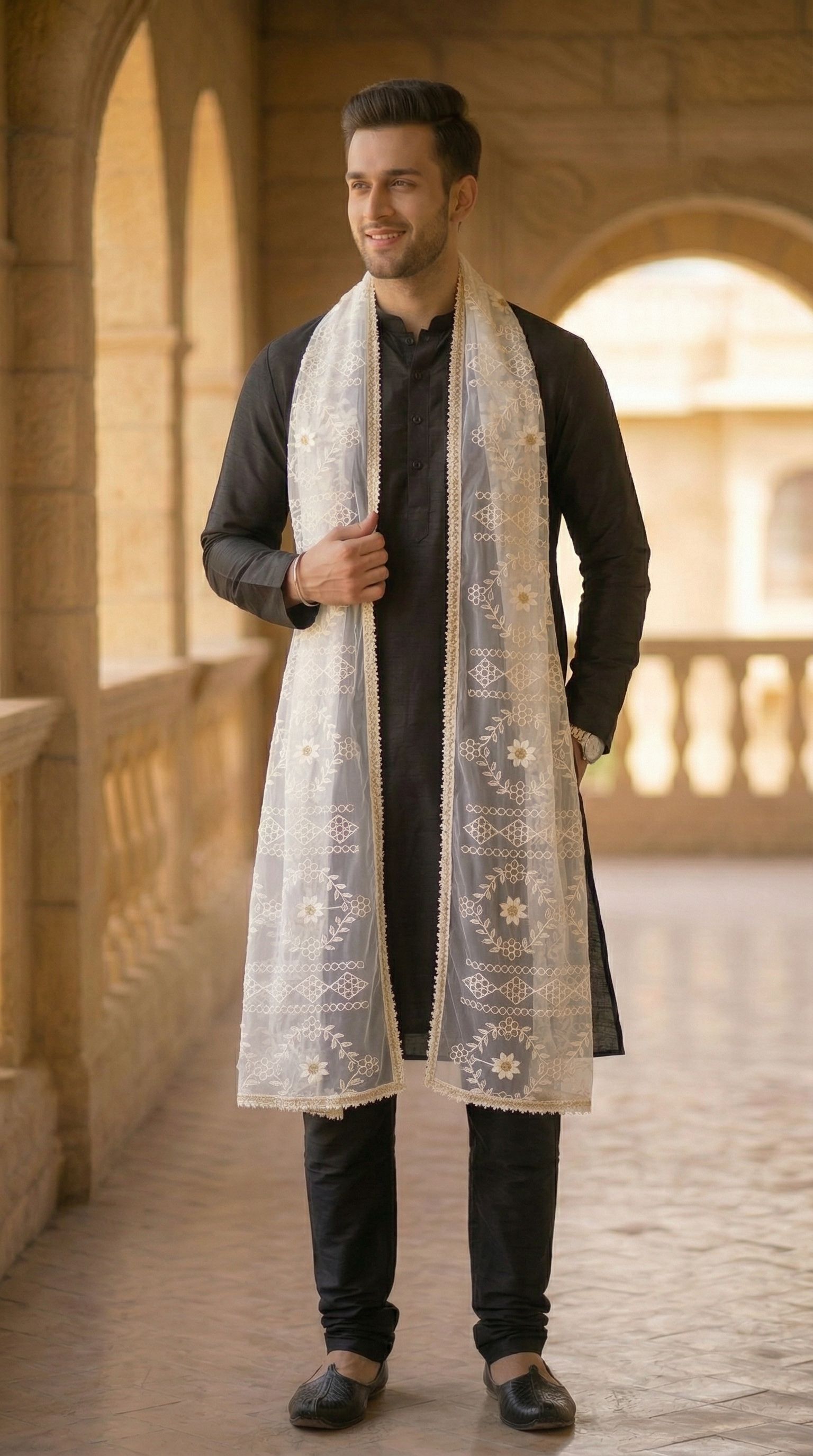 zamour Net Embroidered White Men Dupatta-picture-22