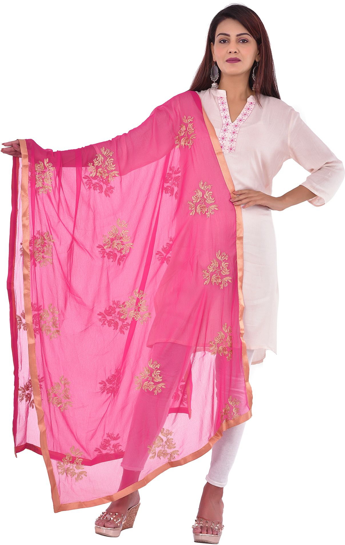 whiteheaven Chiffon Embroidered Pink Women Dupatta-picture-44