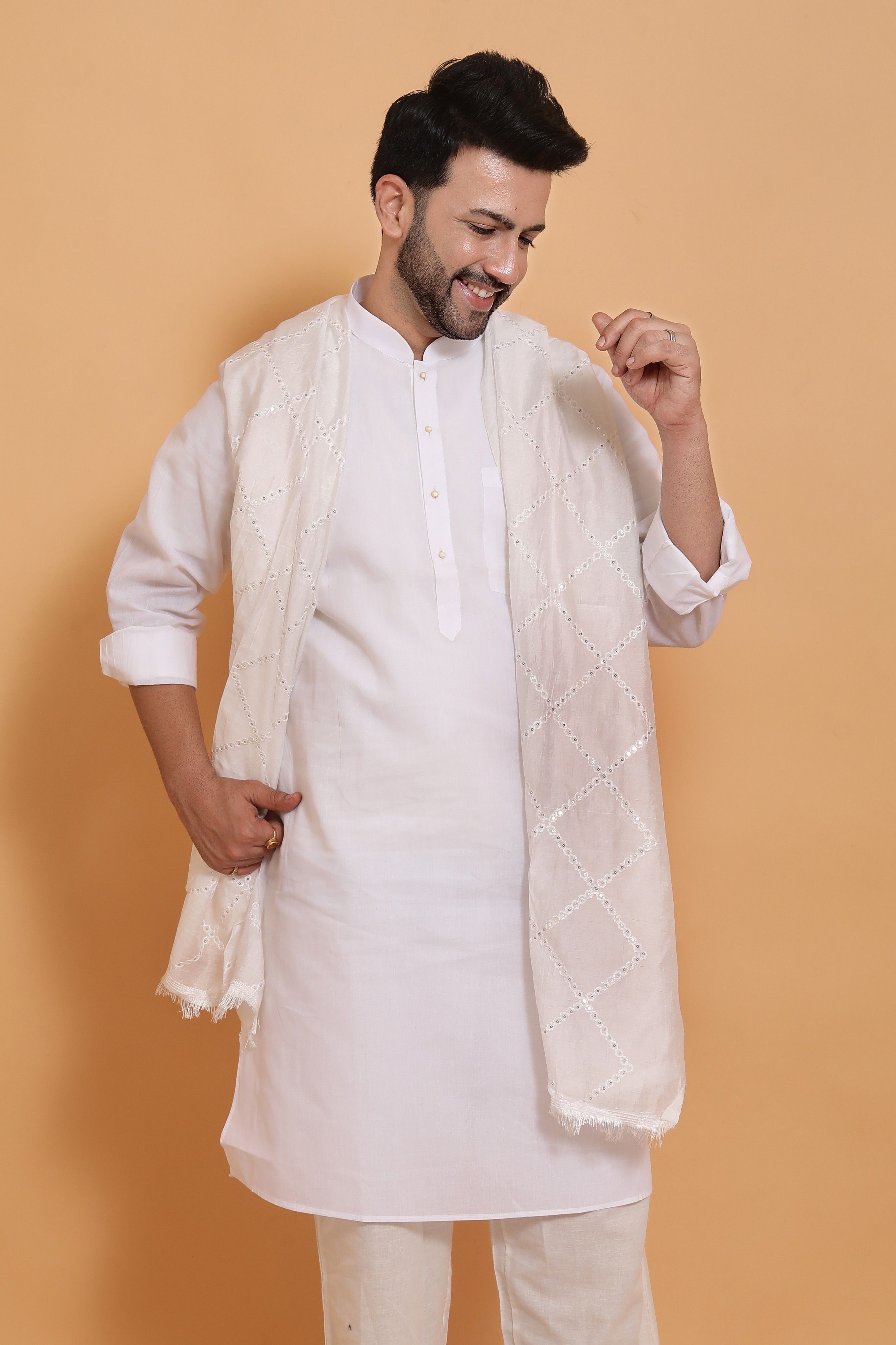 ebadat Poly Chanderi Self Design White Men Dupatta-picture-22