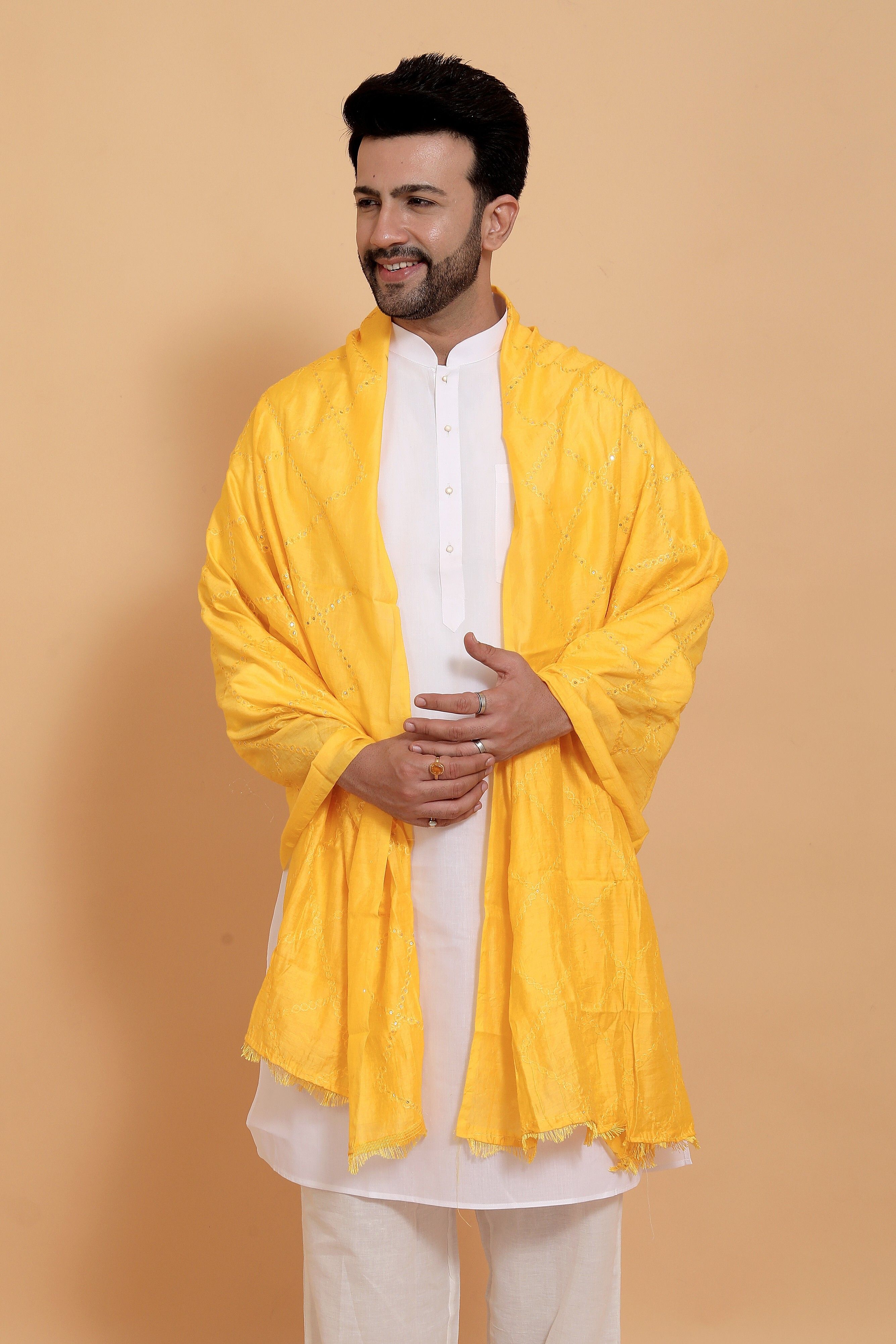 houseofcommon Poly Chanderi Self Design Yellow Men Dupatta-picture-34