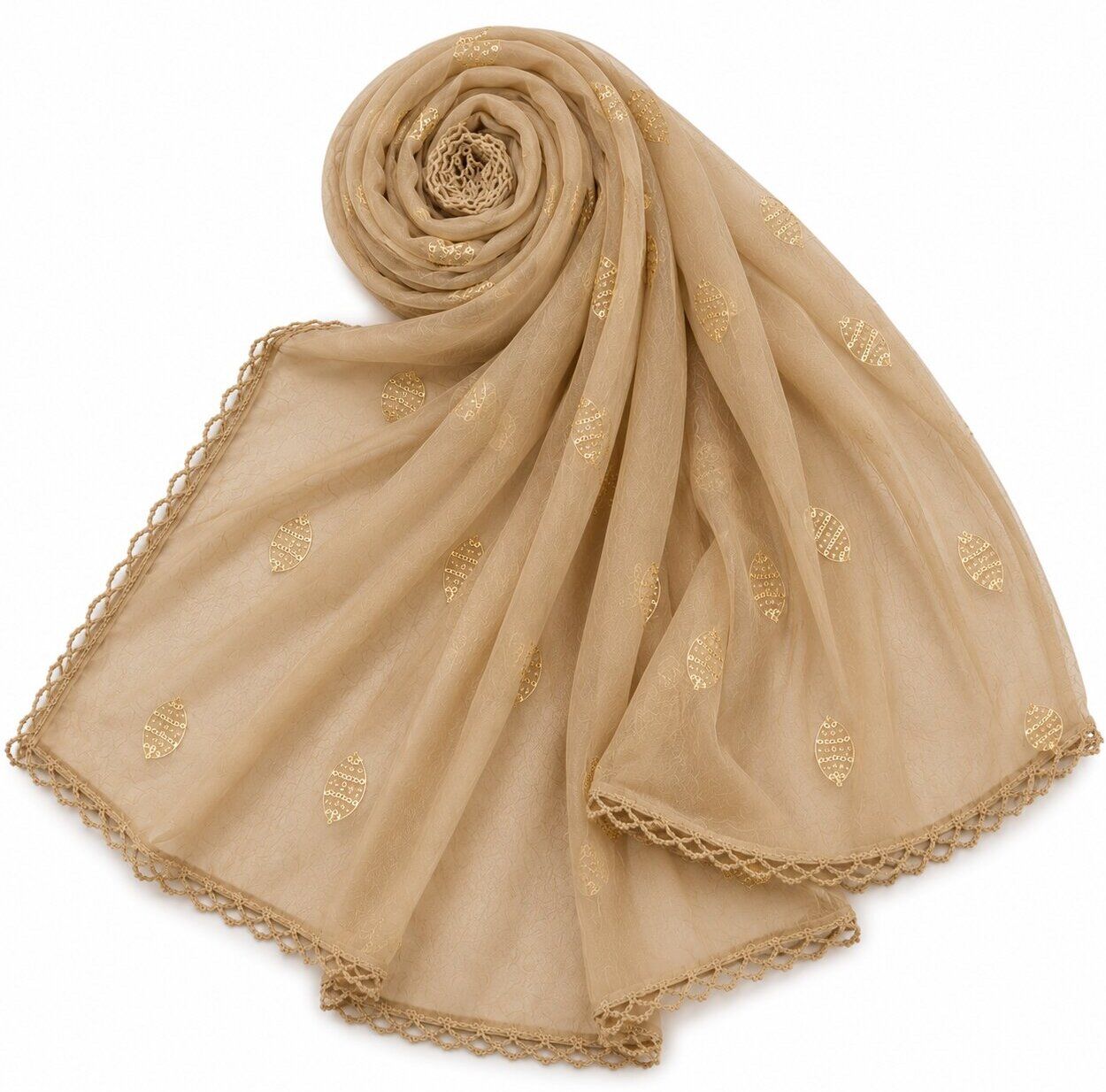 groundfashion Chiffon Solid, Embellished, Applique Beige Women Dupatta-picture-6