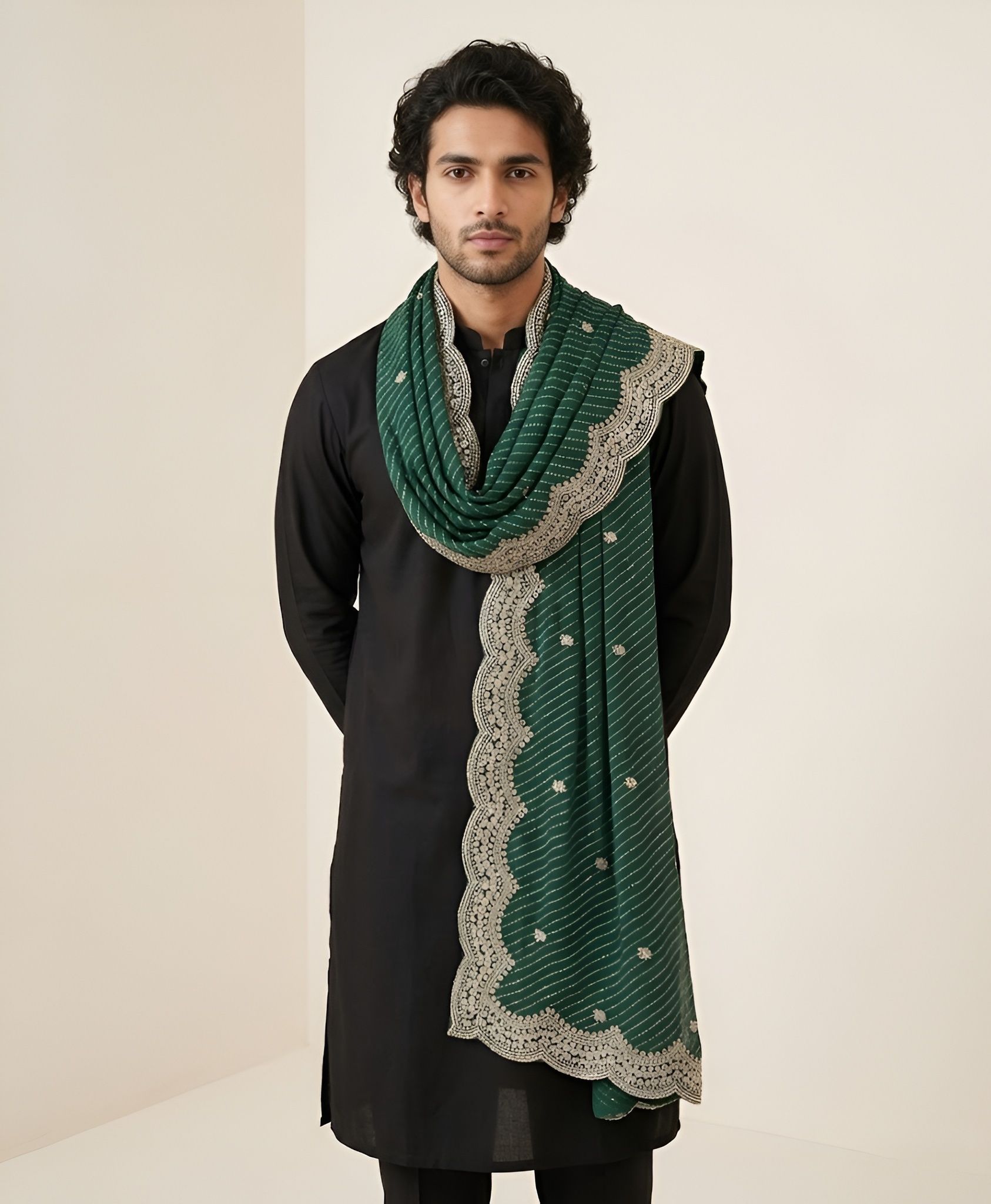 Georgette Embellished Green Men Dupatta-image-32