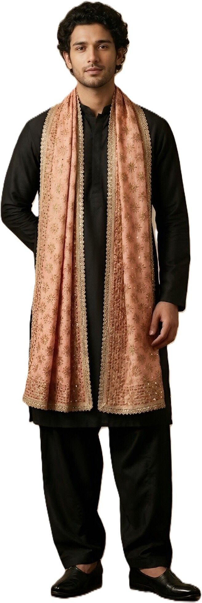 Poly Georgette Embroidered Peach Men Dupatta-image-13