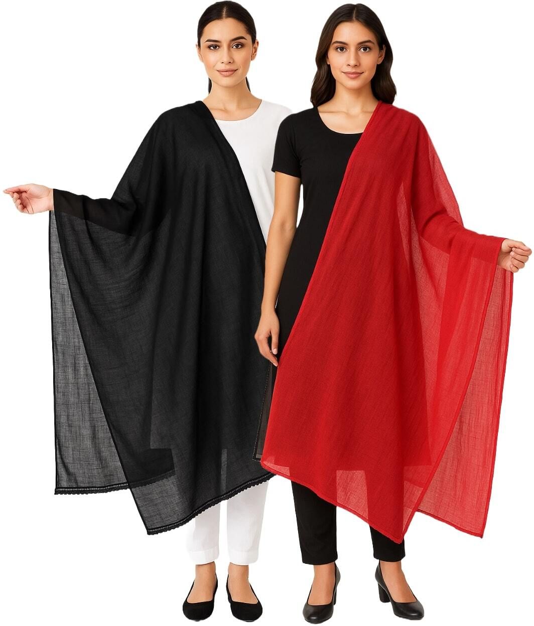 bahumaan Pure Cotton Solid Black, Red Women Dupatta-picture-24