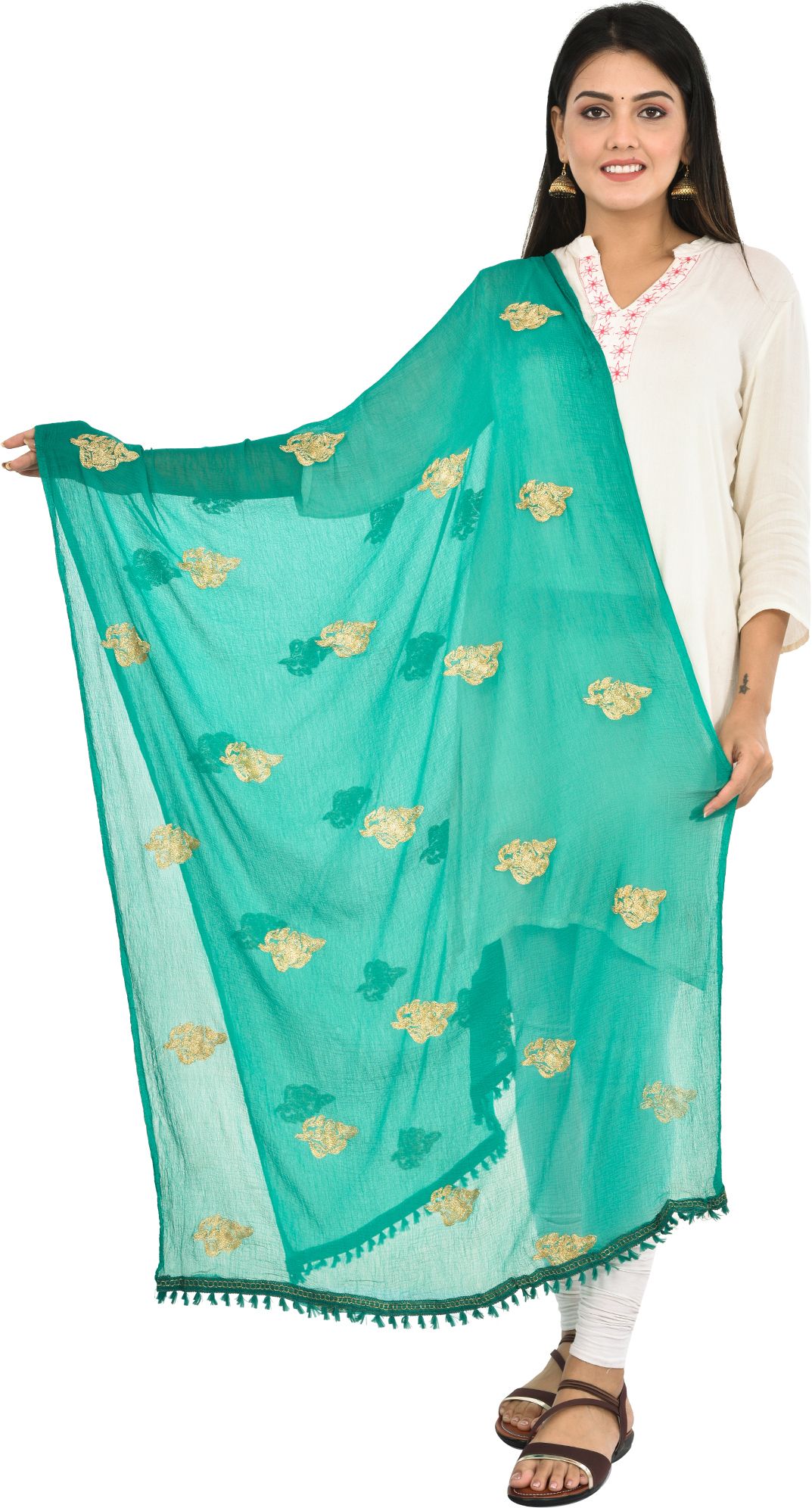 whiteheaven Chiffon Embroidered Light Green Women Dupatta-picture-20