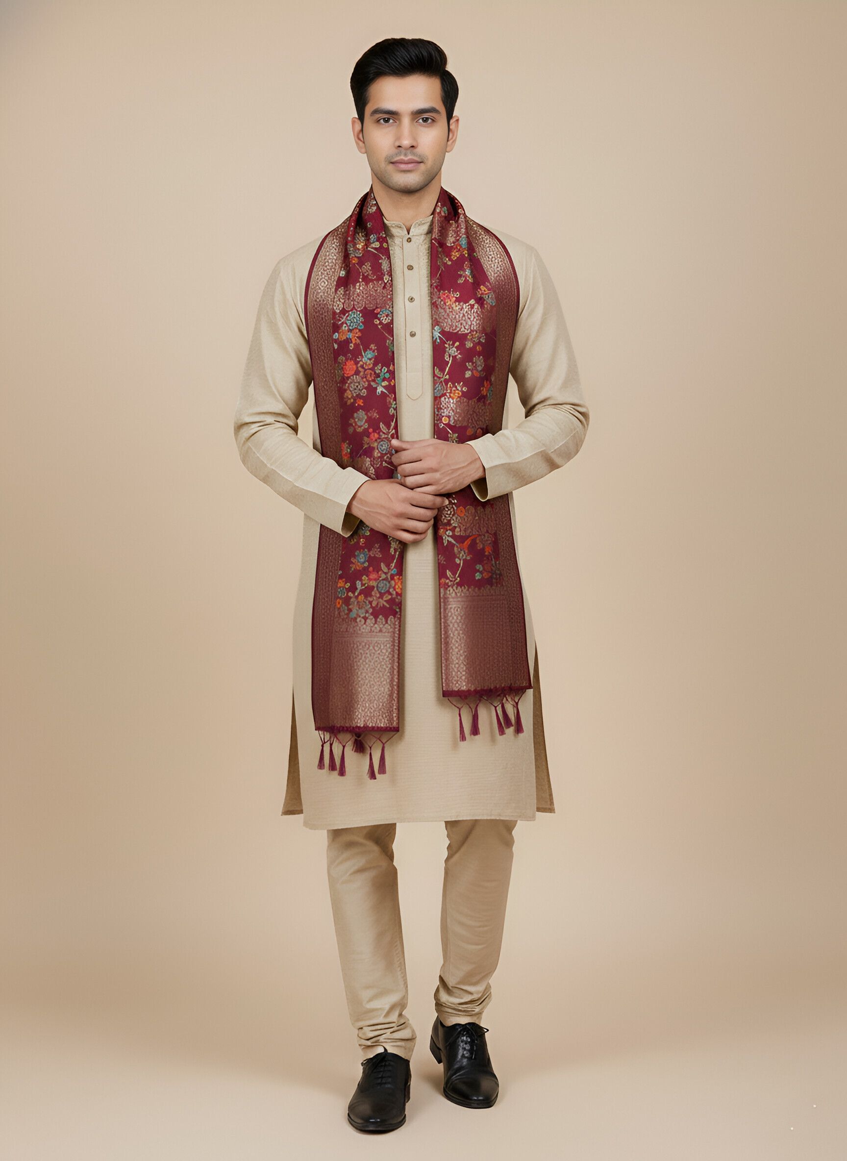 Silk Blend Floral Print Maroon Men Dupatta-image-12