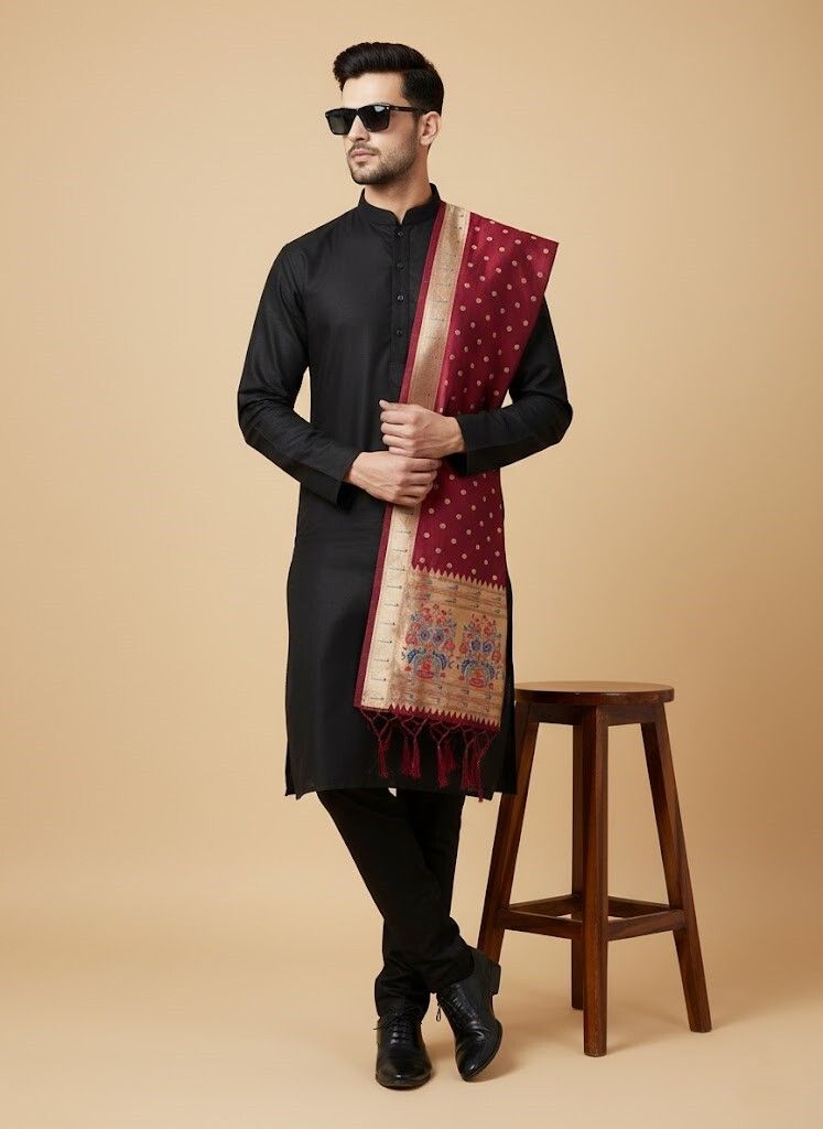 Cotton Silk Woven Maroon Men Dupatta-image-0