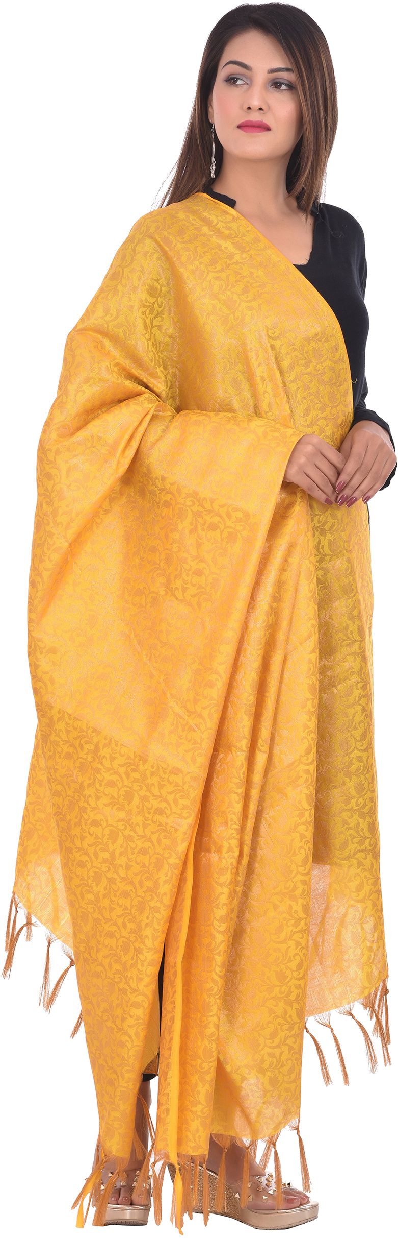 whiteheaven Pure Silk Self Design Yellow Women Dupatta-picture-17