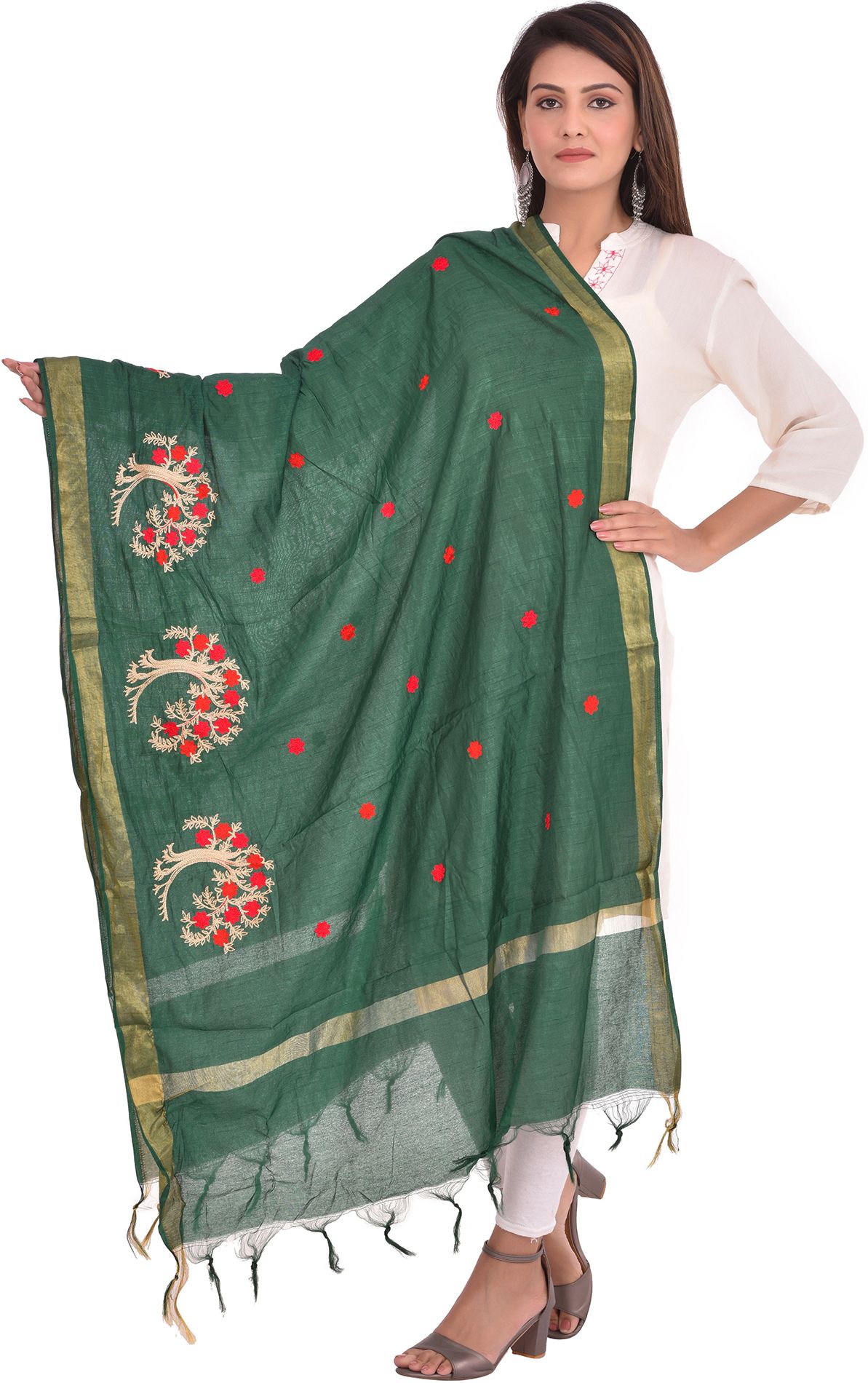 whiteheaven Silk Blend Embroidered Dark Green Women Dupatta-picture-43