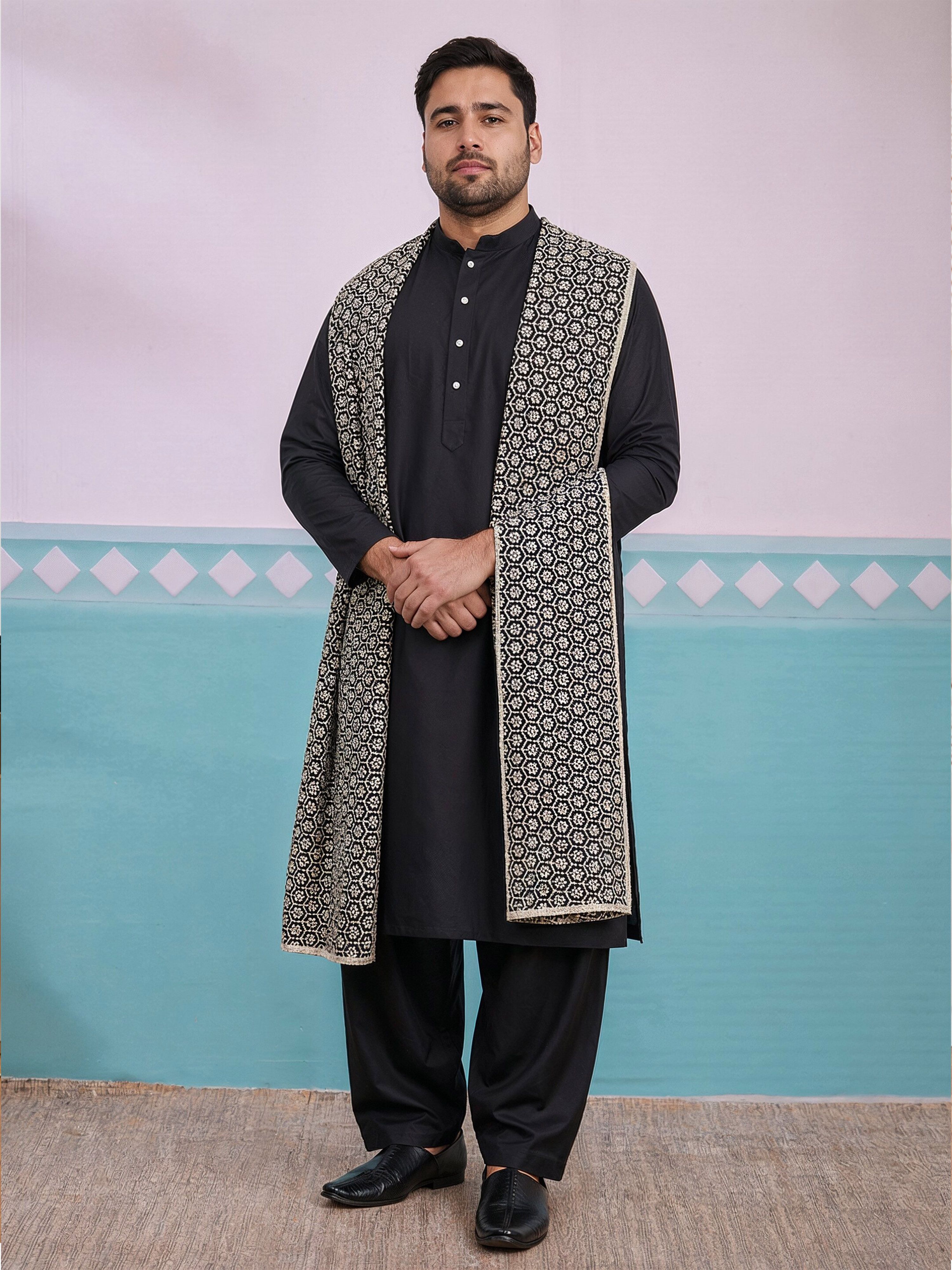 Silk Blend Embroidered Black Men Dupatta-image-47
