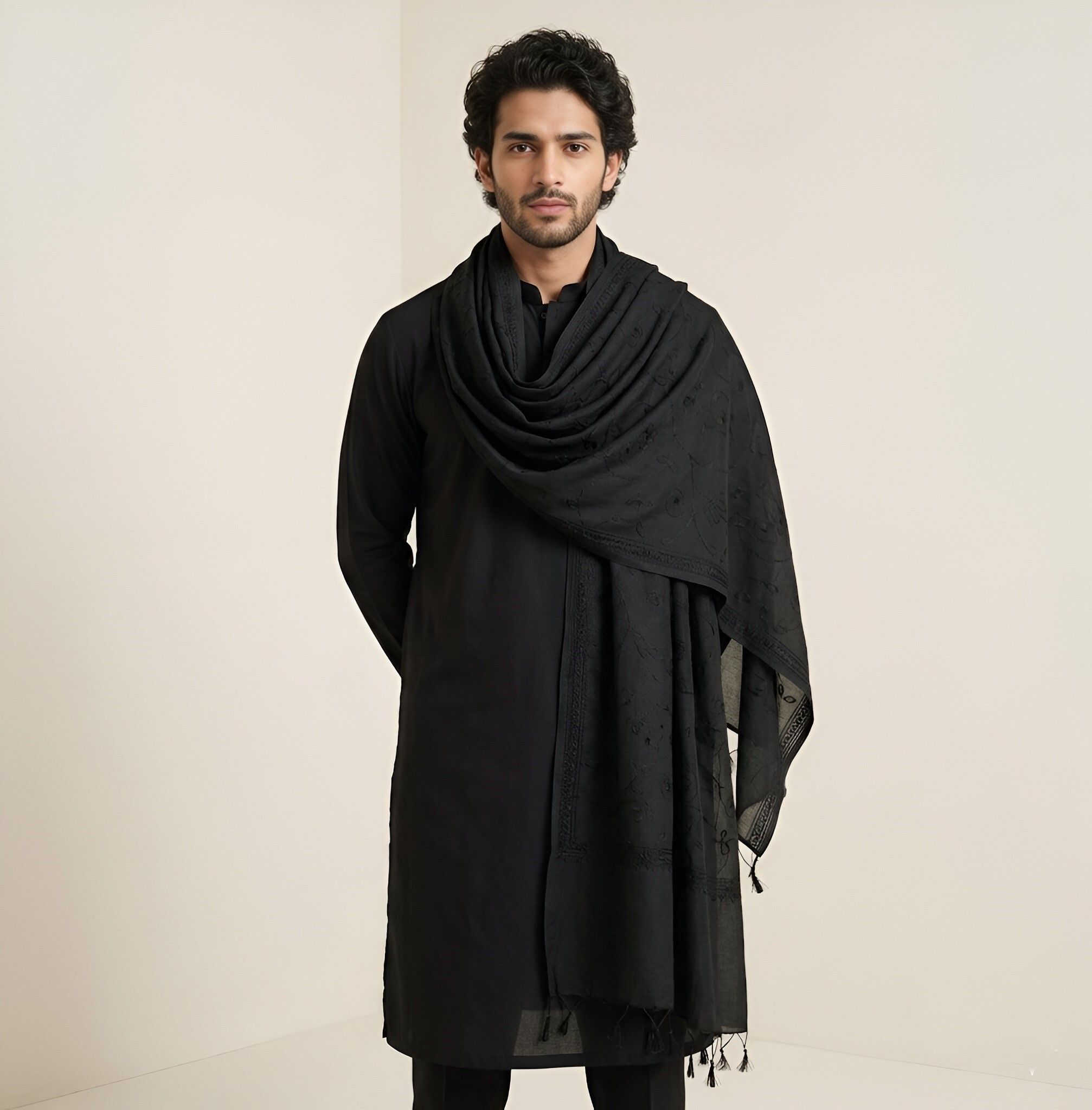 muffly Cotton Blend Embroidered Black Men Dupatta-picture-10