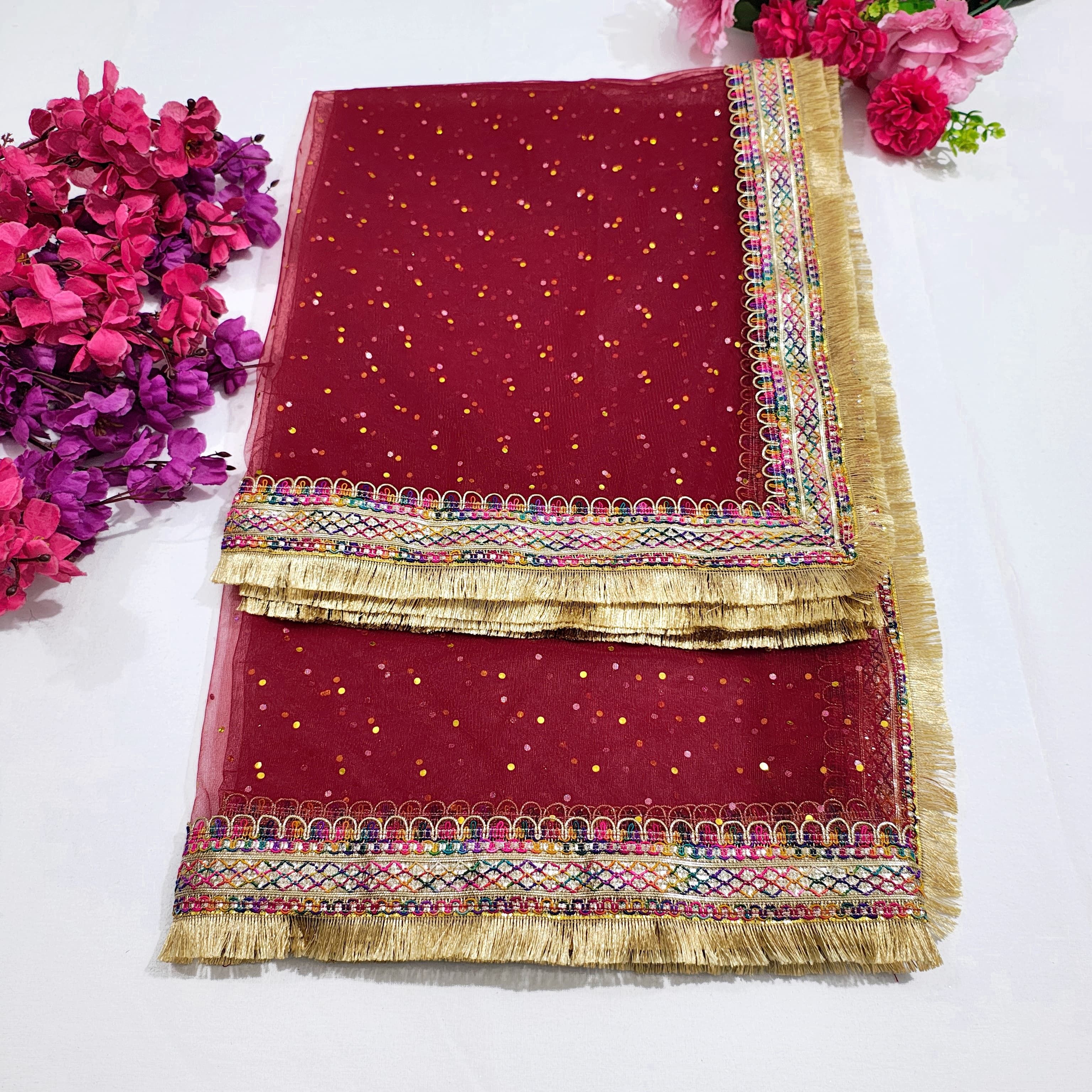 Net Self Design Maroon Women Dupatta-image-46