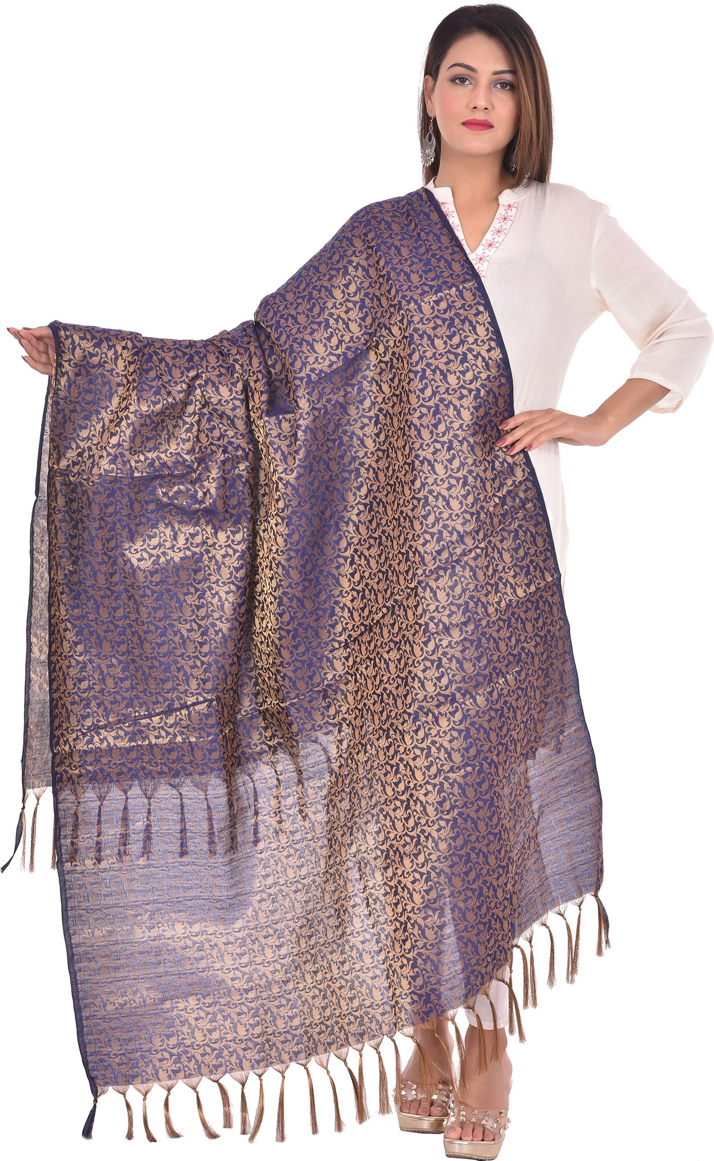 whiteheaven Pure Silk Self Design Dark Blue Women Dupatta-picture-22