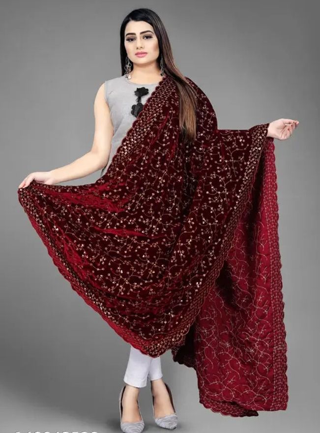 Velvet Embroidered Maroon Women Dupatta-image-49