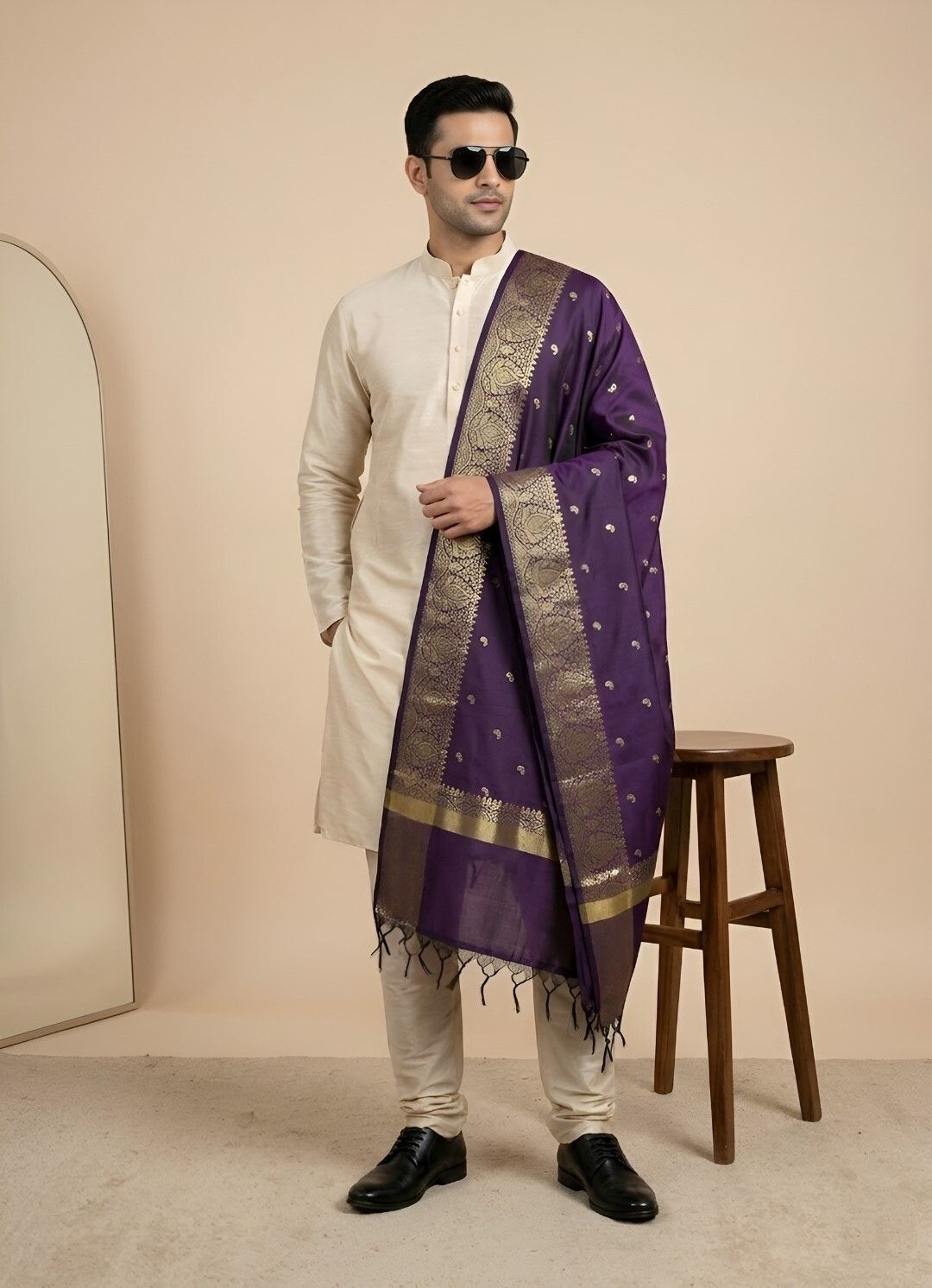 muffly Pure Silk Woven Purple Men Dupatta-picture-32