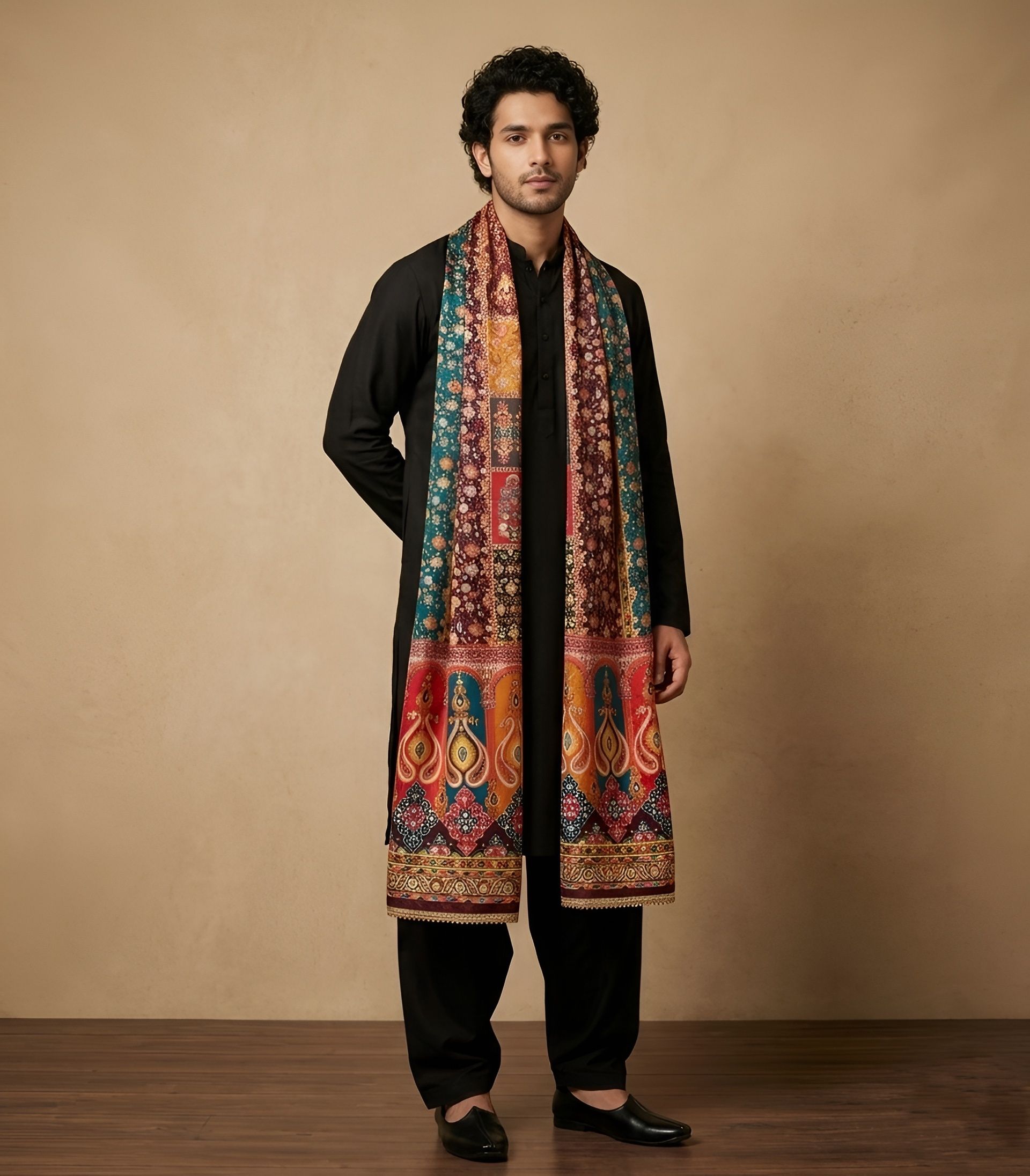 Silk Blend Floral Print Brown Men Dupatta-image-18