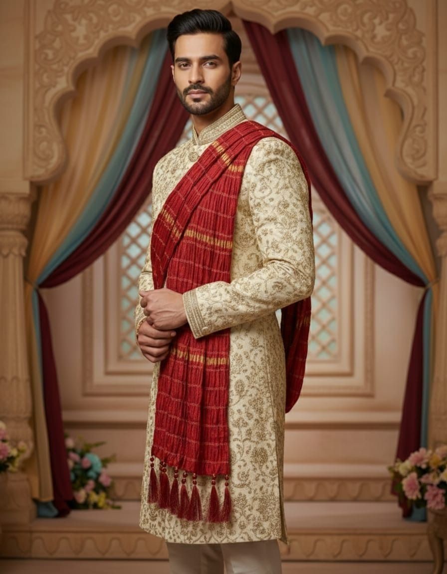 Silk Blend Solid Red Men Dupatta