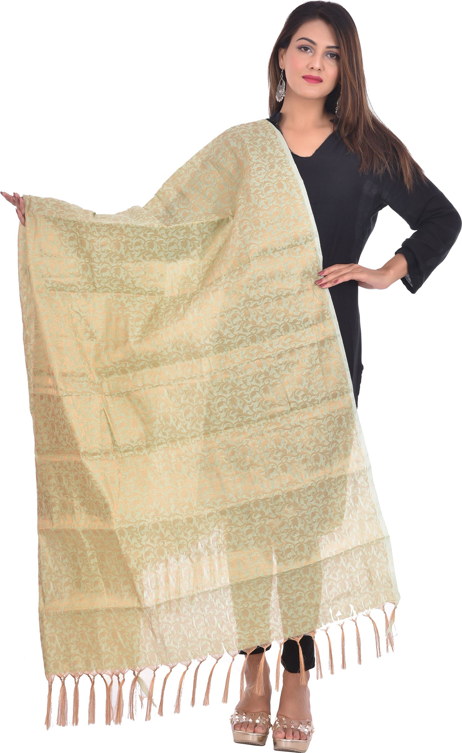 whiteheaven Pure Silk Self Design Light Green Women Dupatta-picture-12