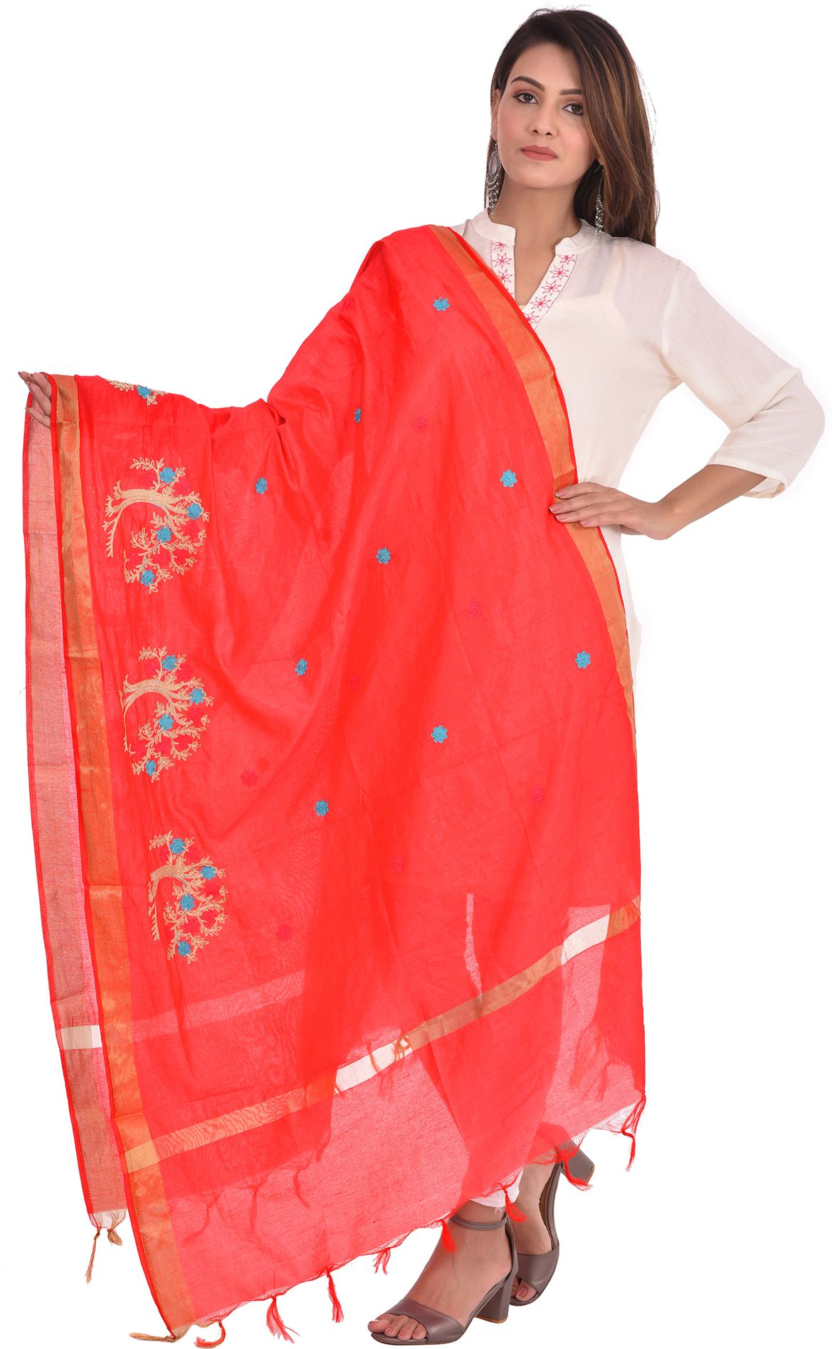 whiteheaven Silk Blend Embroidered Red Women Dupatta-picture-13