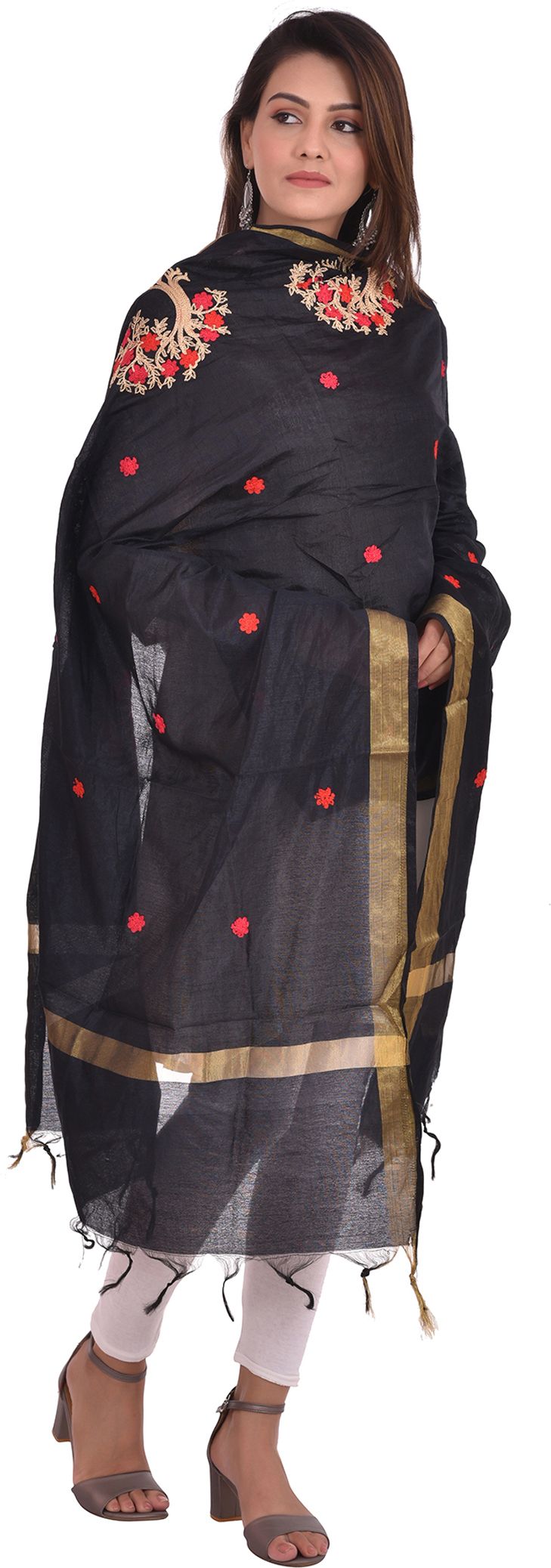 whiteheaven Silk Blend Embroidered Black Women Dupatta-picture-2