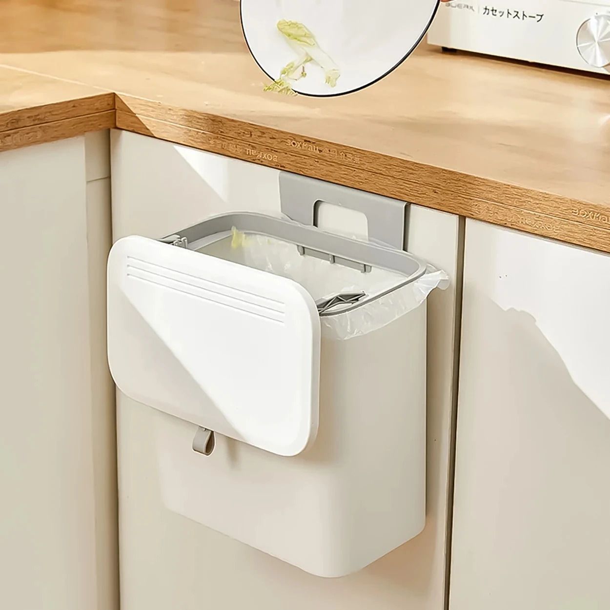 Kitchen Cabinet Door Hanging Trash Can with Double-Sided Open Lid, Garbage Bin Plastic Dustbin-image-48