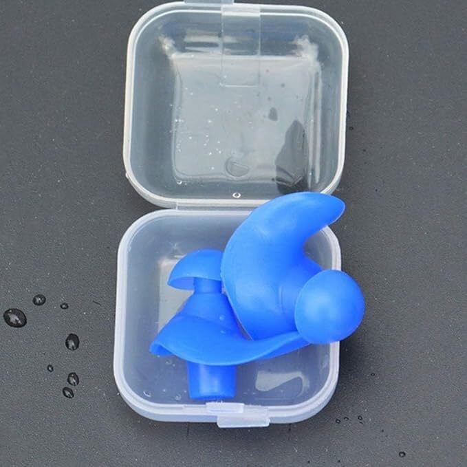 Reusable Waterproof Earplugs with Storage Case (Blue) Pack Of 2 Ear Plug & Nose Clip