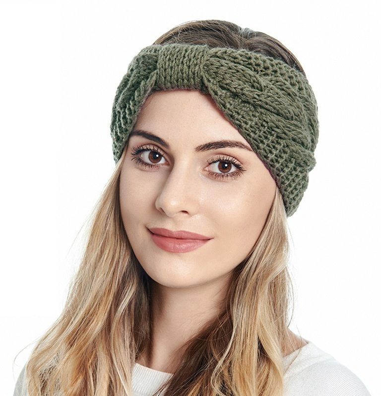 Green Bow Design Woolen Winter Head Warmer Headbands for Women Wool Ear Muff-image-4