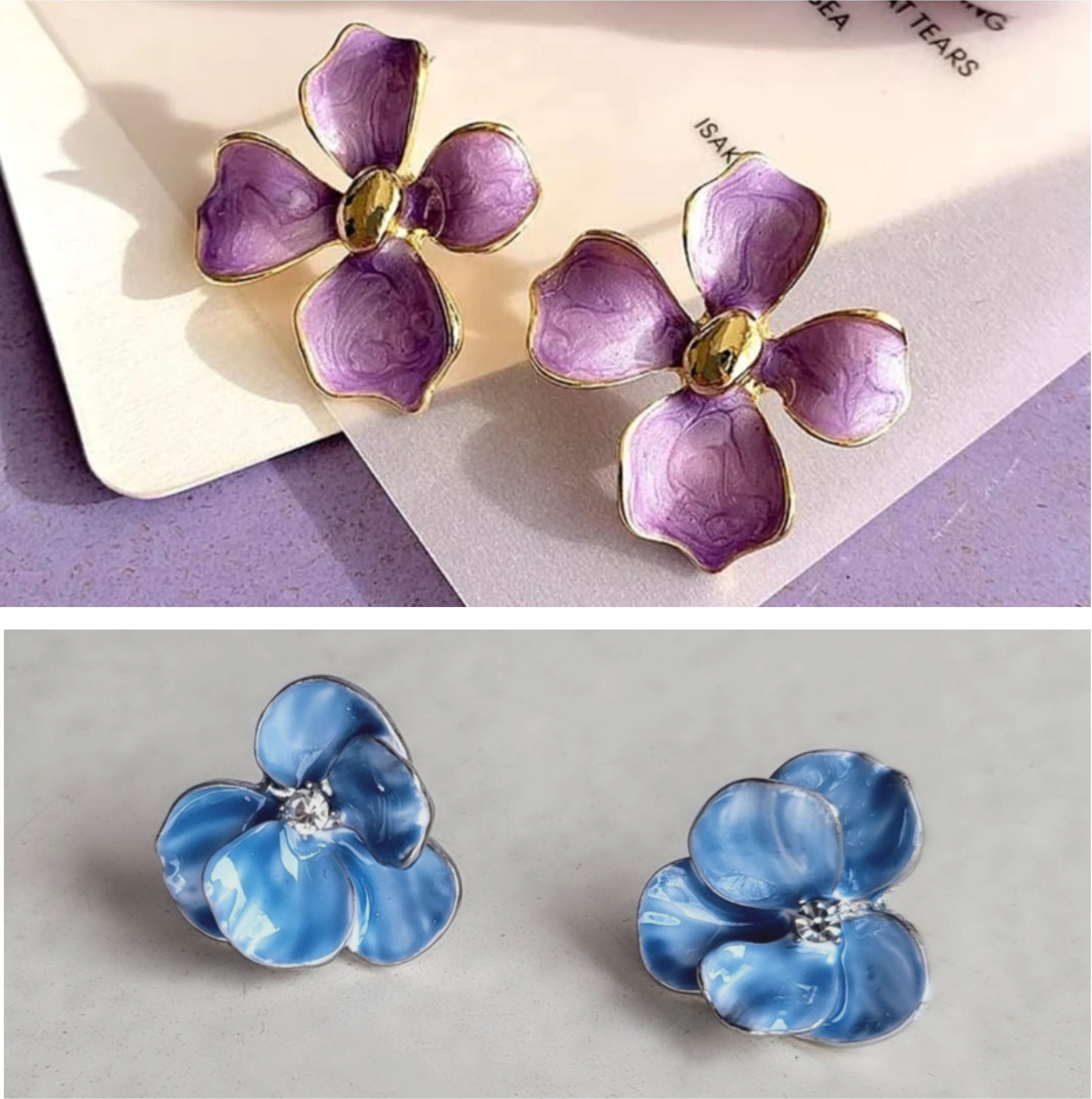 Korean Purple & Blue Floral Enamel Stud Earrings Combo of 2| Women&Girls Crystal Alloy Stud Earring, Cuff Earring, Drops & Danglers, Earring Set, Huggie Earring, Plug Earring-image-20
