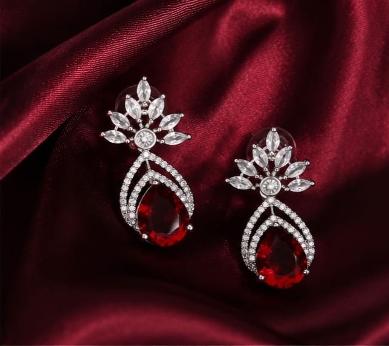 trending jewels Flower Leaf shape red cz earrings Zircon Brass Stud Earring-picture-12