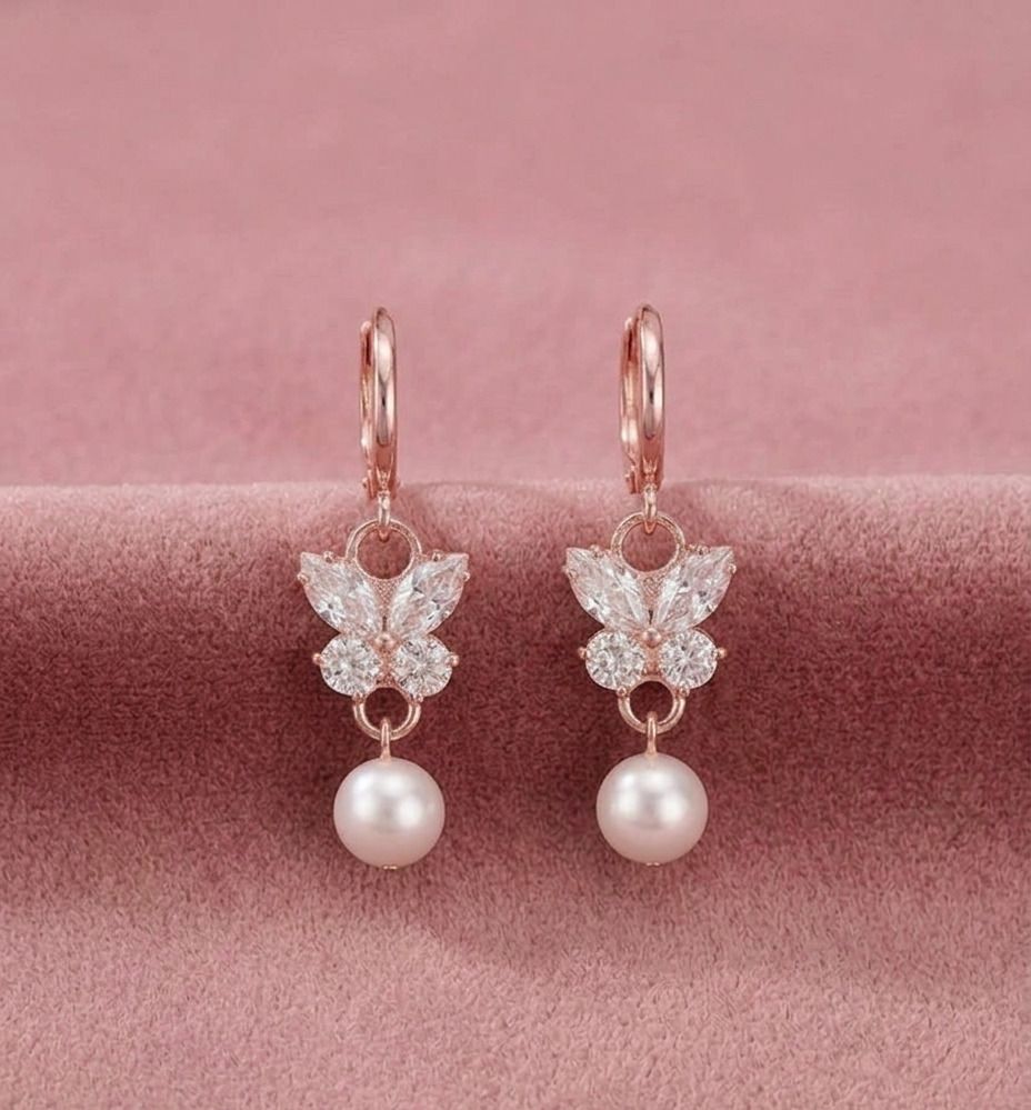 Rose-Gold Diamond Butterfly Earrings Crystal Metal Drops & Danglers Silver Drops & Danglers-image-5