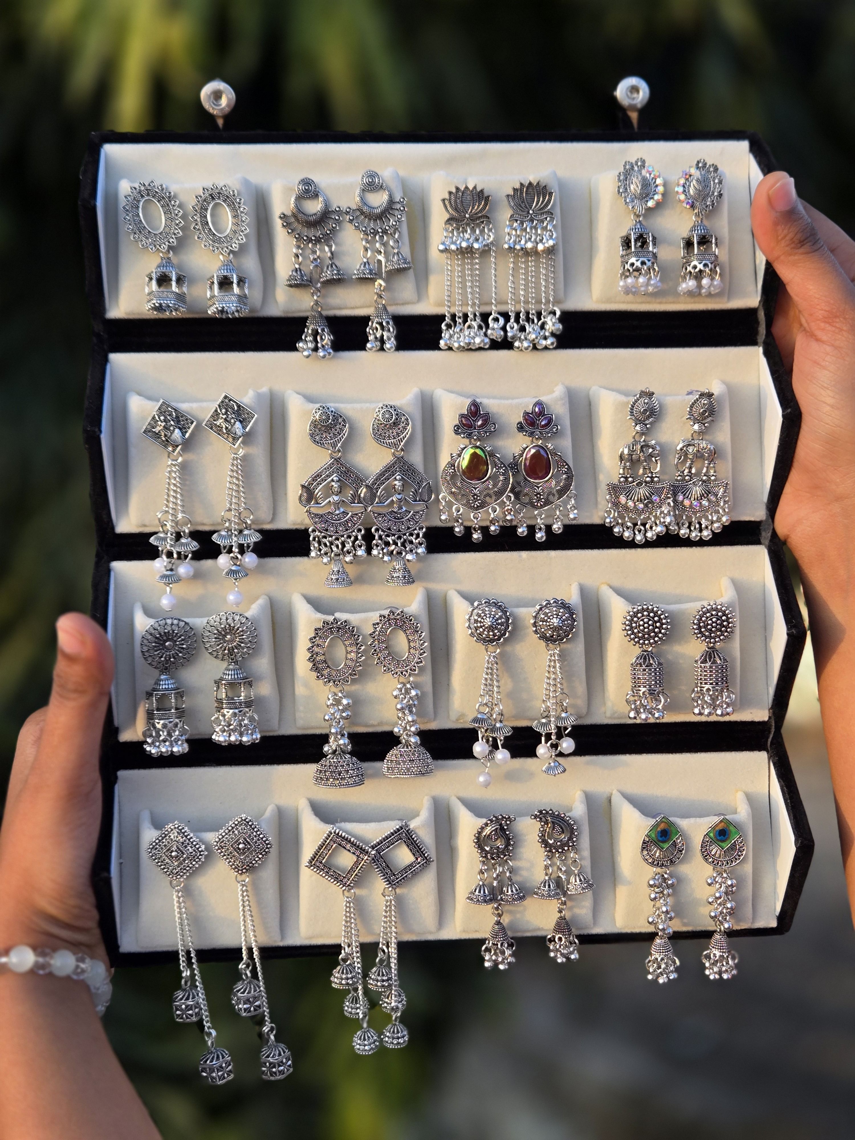 Viral 16 Pair Oxidised Earing Set With Folding Jewelery Box | WITH LOVE NOTE Alloy Jhumki Earring-image-42