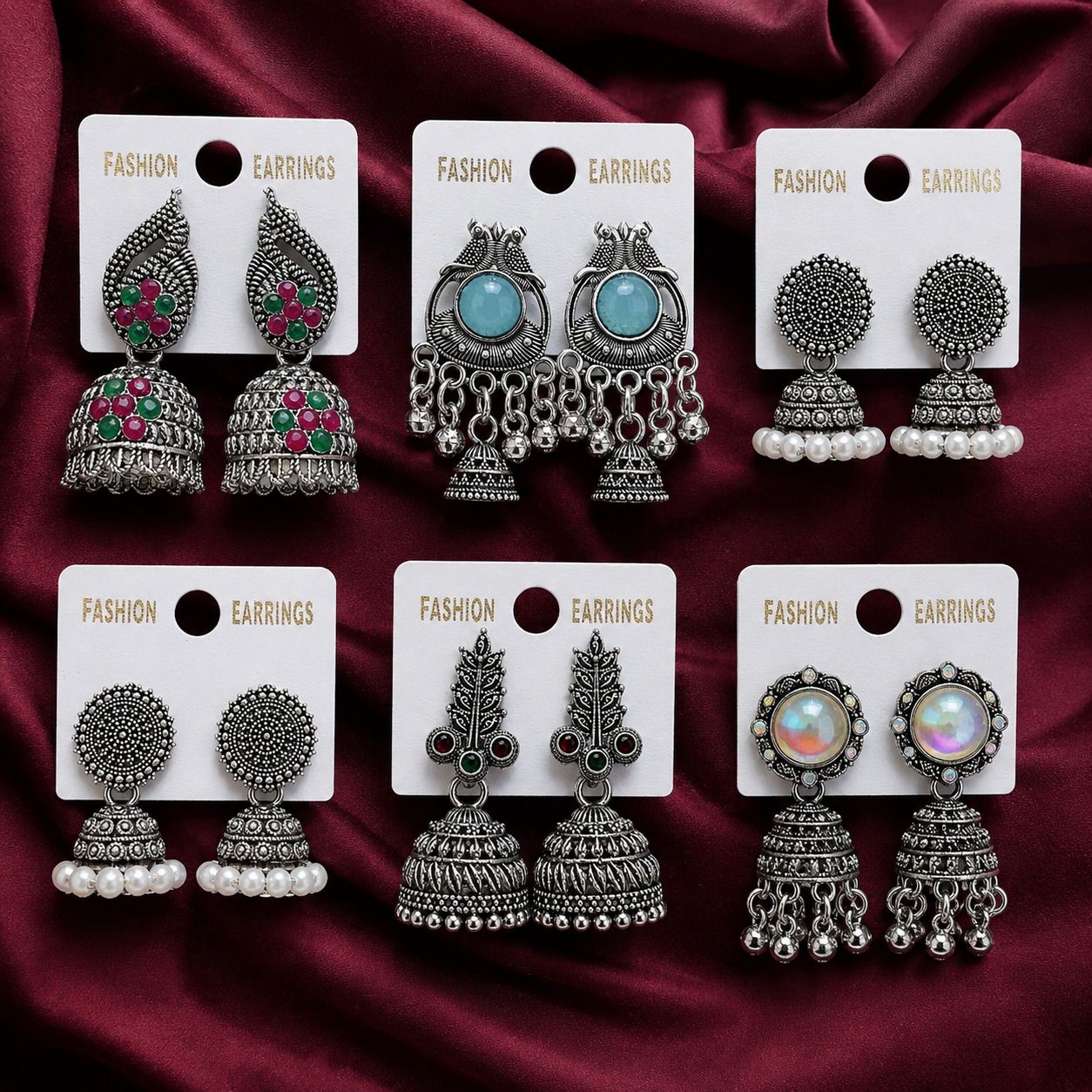 hexar 6 Pairs Oxidised Earrings Combo Set for Women | Jhumka & Drop Earrings Alloy Jhumki Earring, Drops & Danglers-picture-0