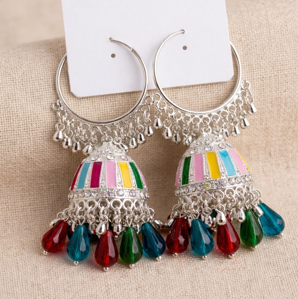Multicolor Silver Oxidized Jhumka Special: Colourful Festive Earrings White Zircon Silver Drops & Danglers, Chandbali Earring, Jhumki Earring, Earring Set-image-7