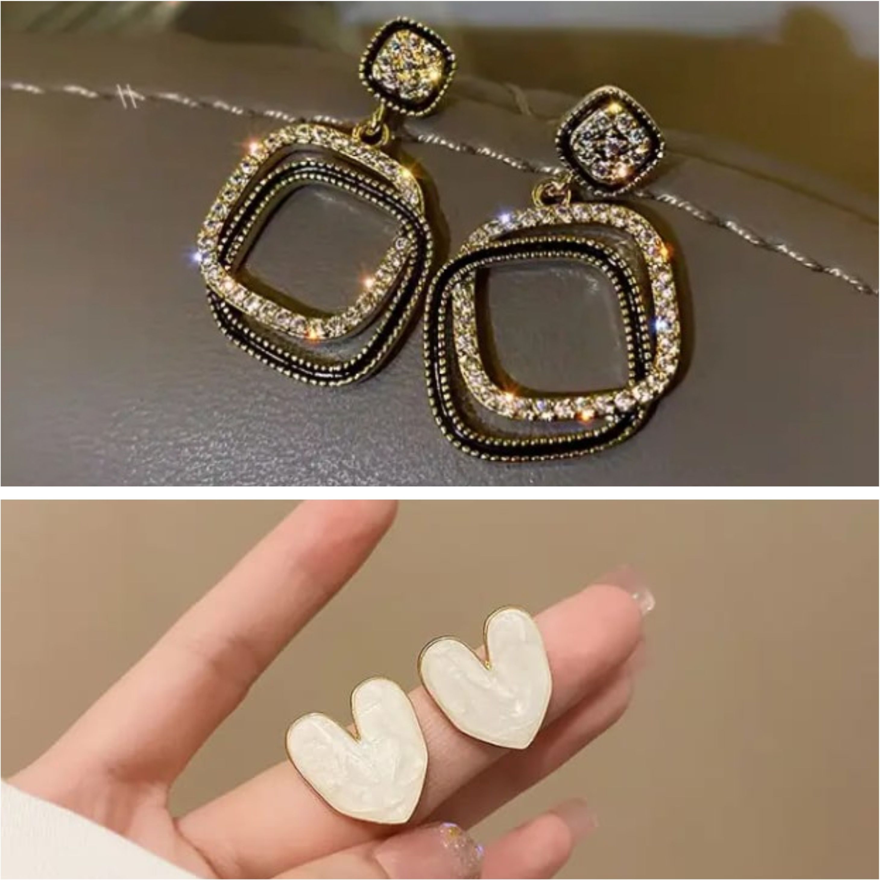 Korean Black Crystal Square Drop & White Heart Stud Earrings Combo of 2 Crystal Alloy Cuff Earring, Clip-on Earring, Drops & Danglers, Earring Set, Plug Earring, Stud Earring-image-33