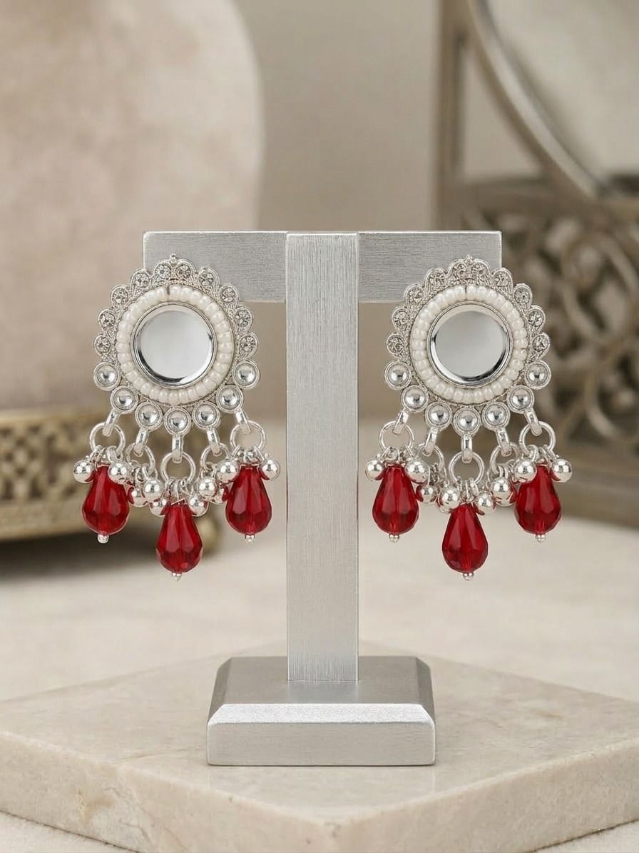 Silver Tone Mirror Chandbali Earrings with Red Drops Silver Jhumki Earring-image-10