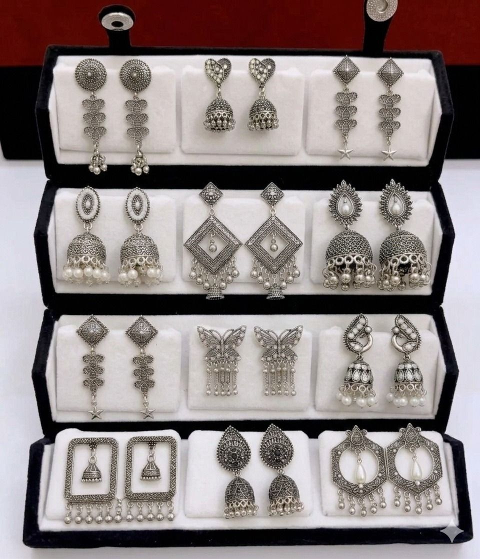 Premium Gift Combo 12 Designer Oxidized Jhumka Earrings Set Folding Box Alloy Alloy, Sterling Silver Jhumki Earring, Earring Set-image-19