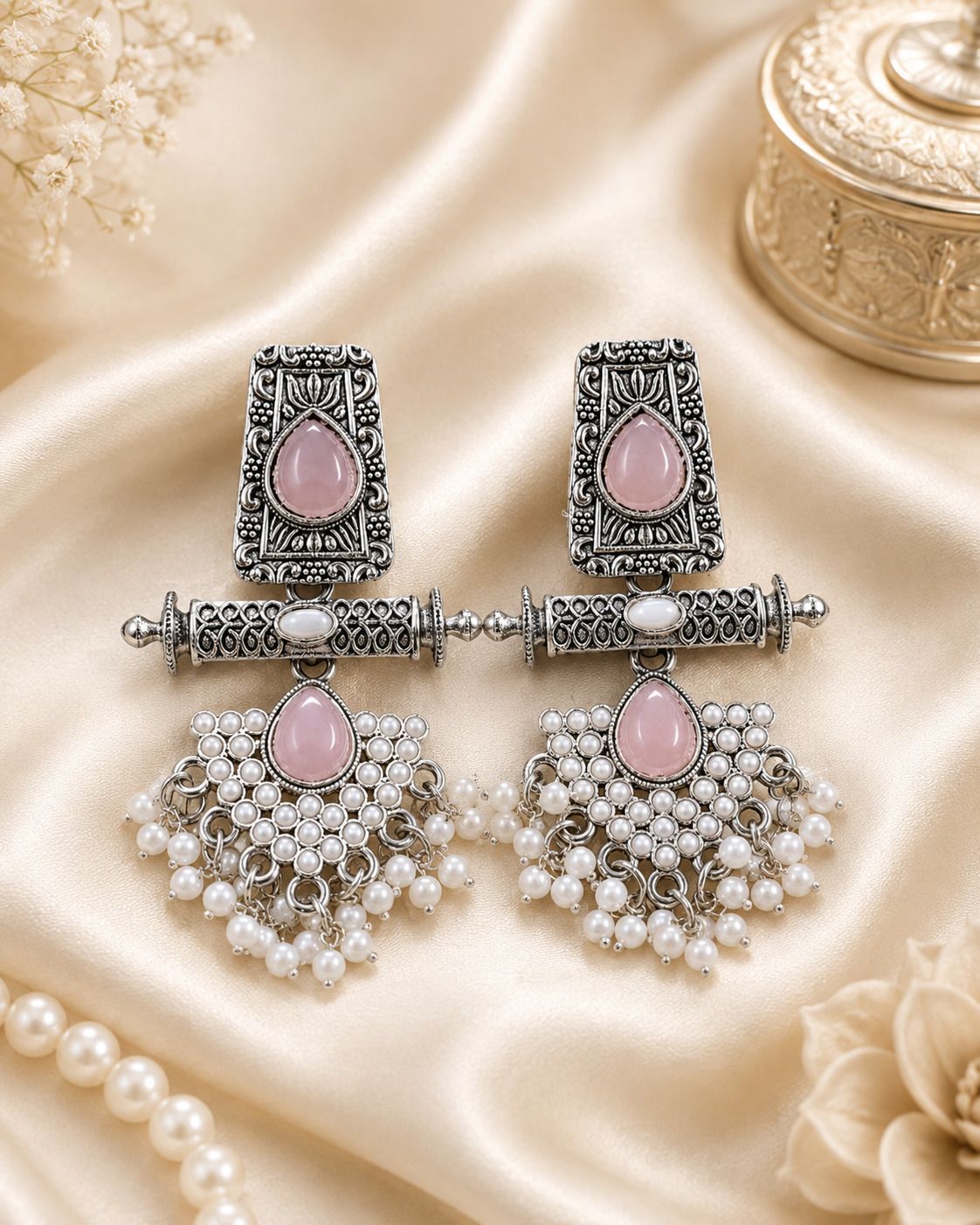Oxidized Silver Plated Pink Stone Pearl Drop for Women & Girls Ethnic Wear Alloy Tassel Earring-image-40