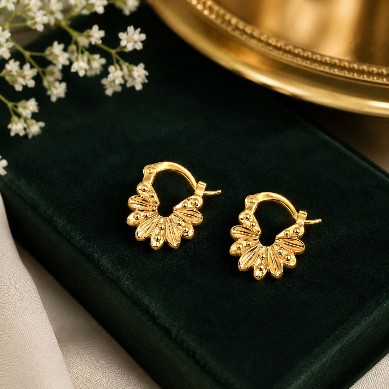Gold Plated Punjabi Bali Earrings for Men & Women | Floral Design Brass Huggie Earring-image-6