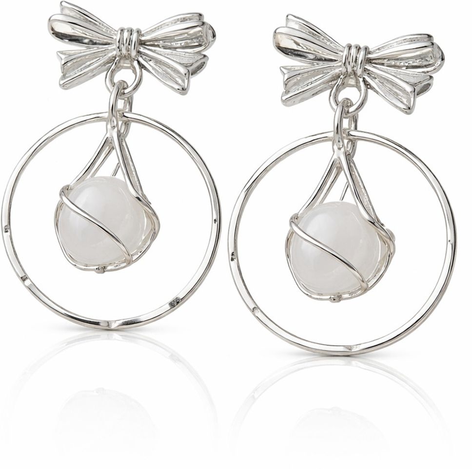 Korean Elegant Silver Bow Drop Earrings with Milky White Stone Zircon Silver Stud Earring