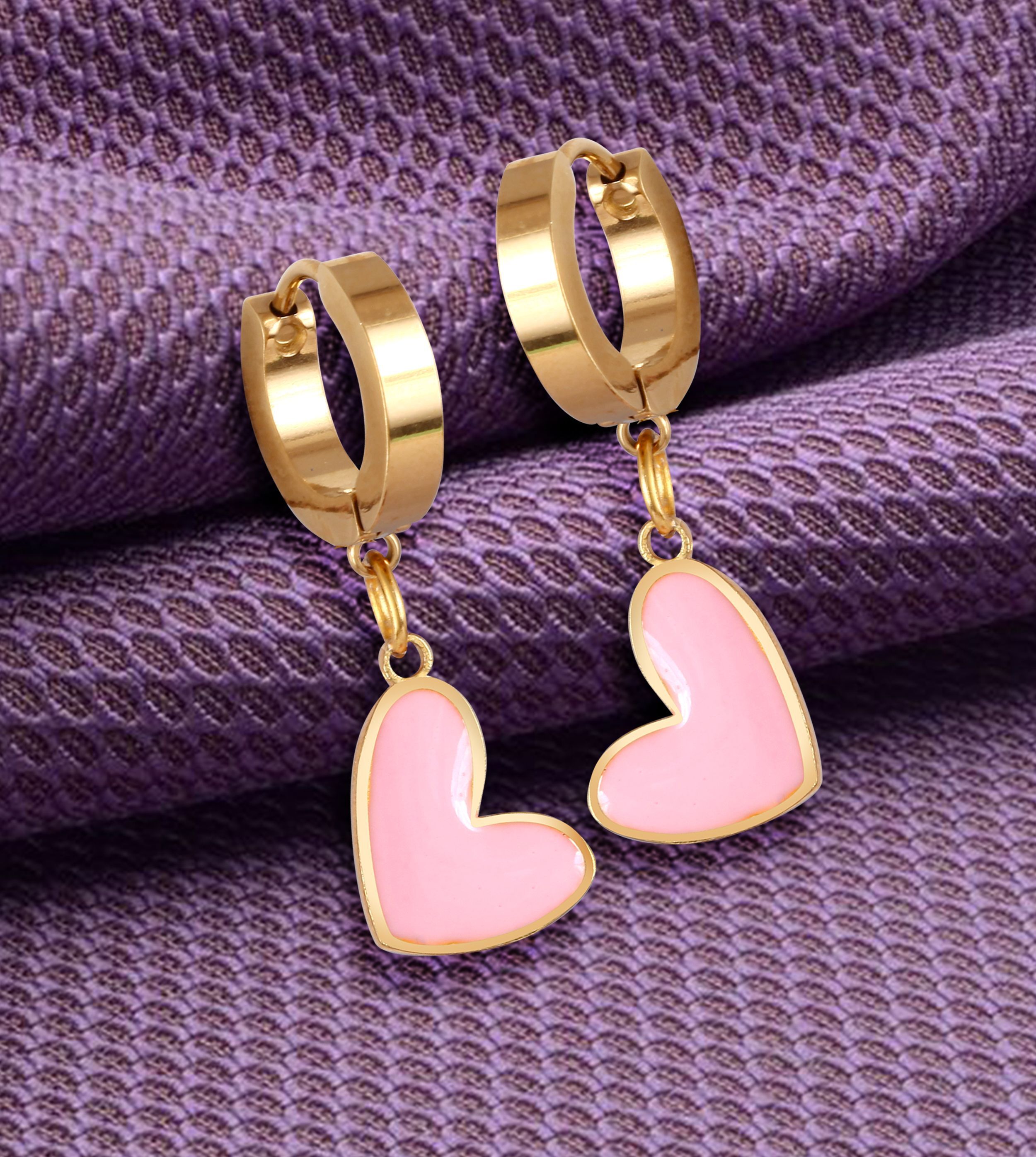 Timeless Pink tops Heart Dangle Earrings with Gold Hoops Brass Drops & Danglers-image-2