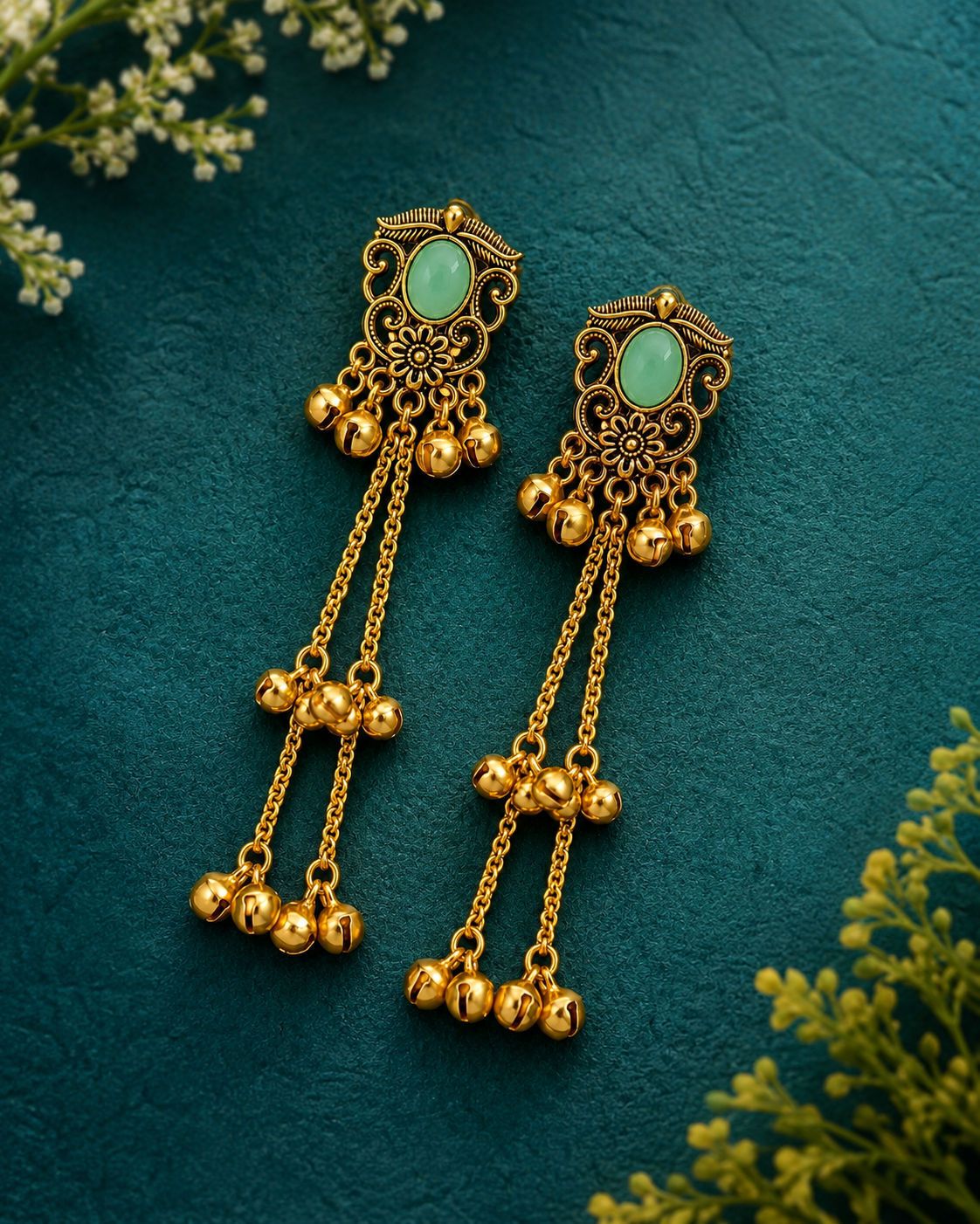 Traditional Kashmiri Mint Green Stone Long Earrings for Women & Girls Alloy Chandbali Earring-image-24