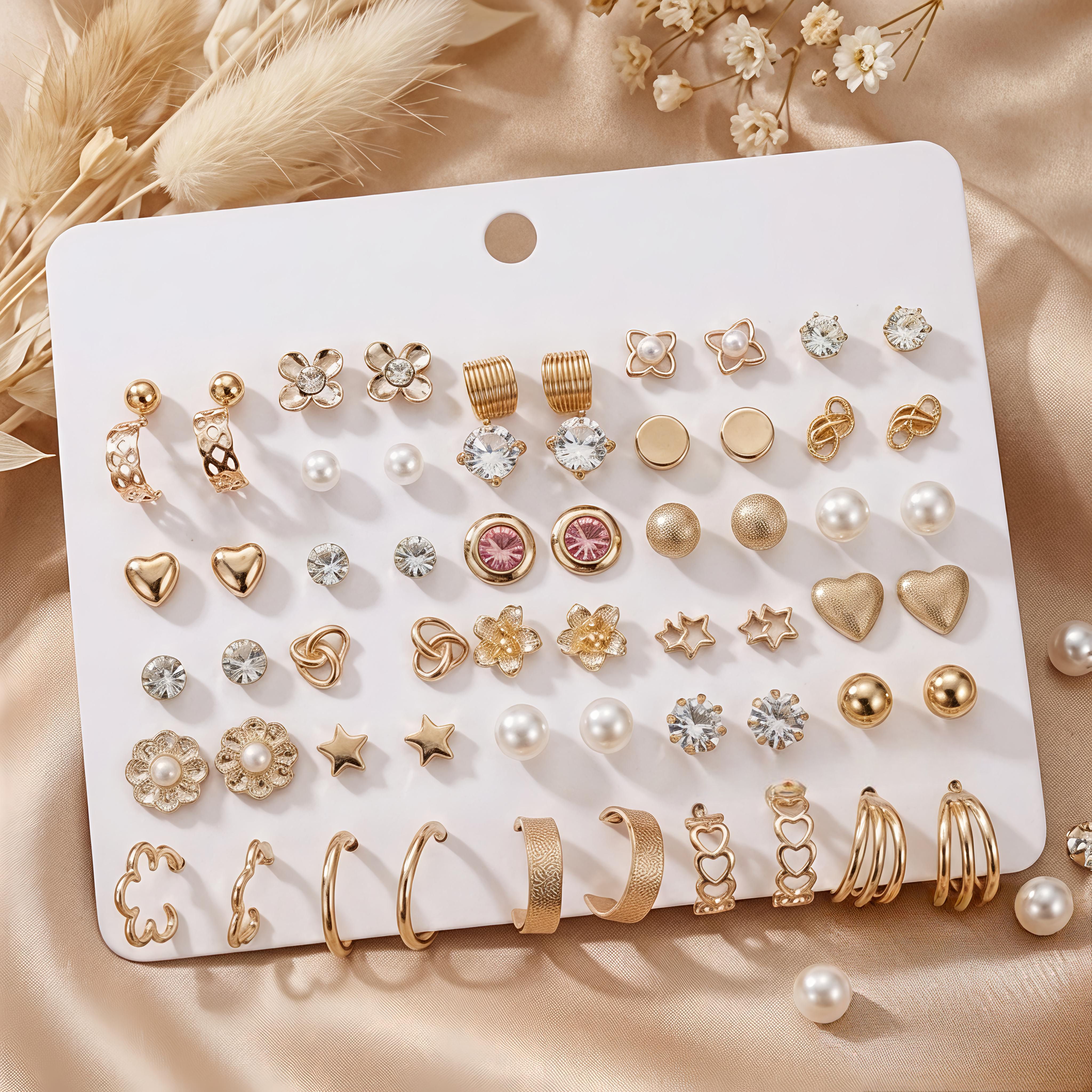 Jewellery For Women & Girls Multicolor Pearl & AD Studs Combo of 30 Quirky Pairs Brass Stud Earring-image-45
