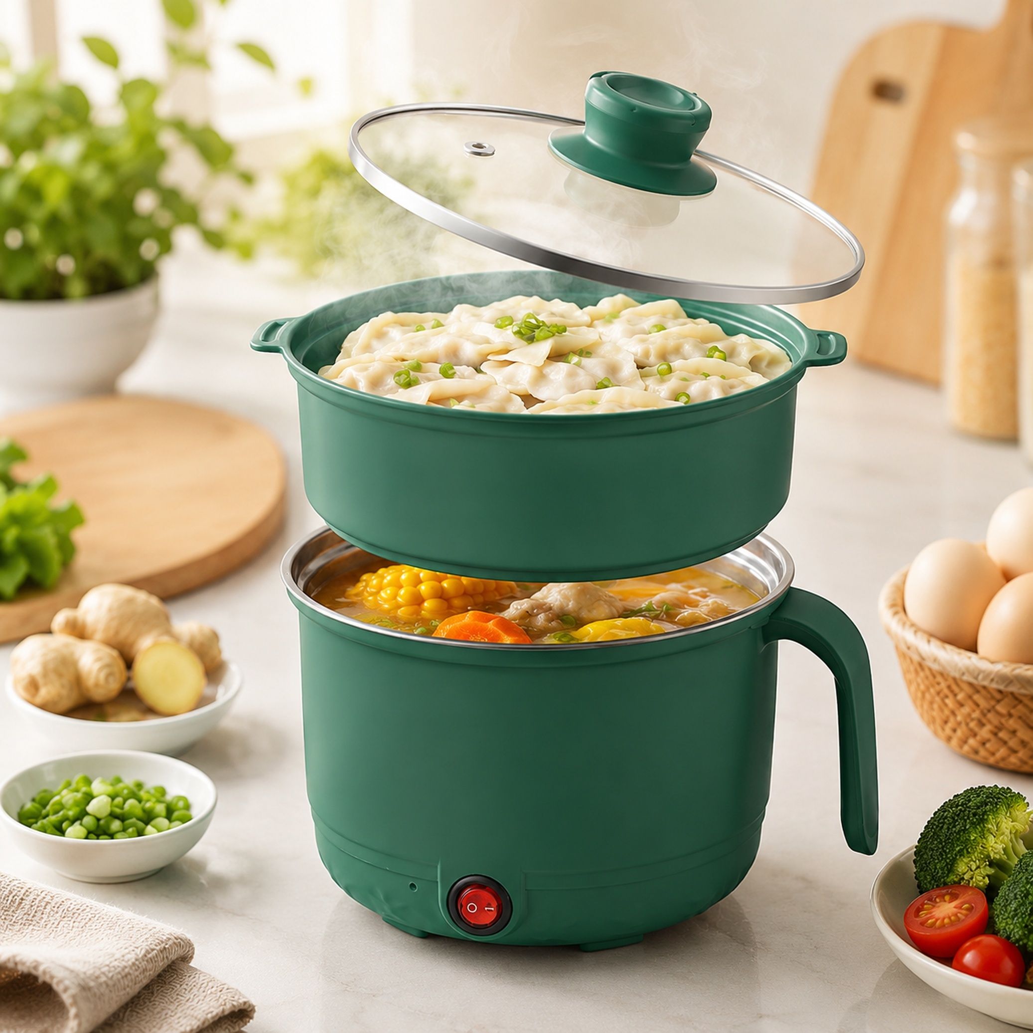 Small Electric Cooking Pot with Dual Cooking Layers Electric Pressure Cooker, Food Steamer, Rice Cooker, Slow Cooker, Travel Cooker-image-17